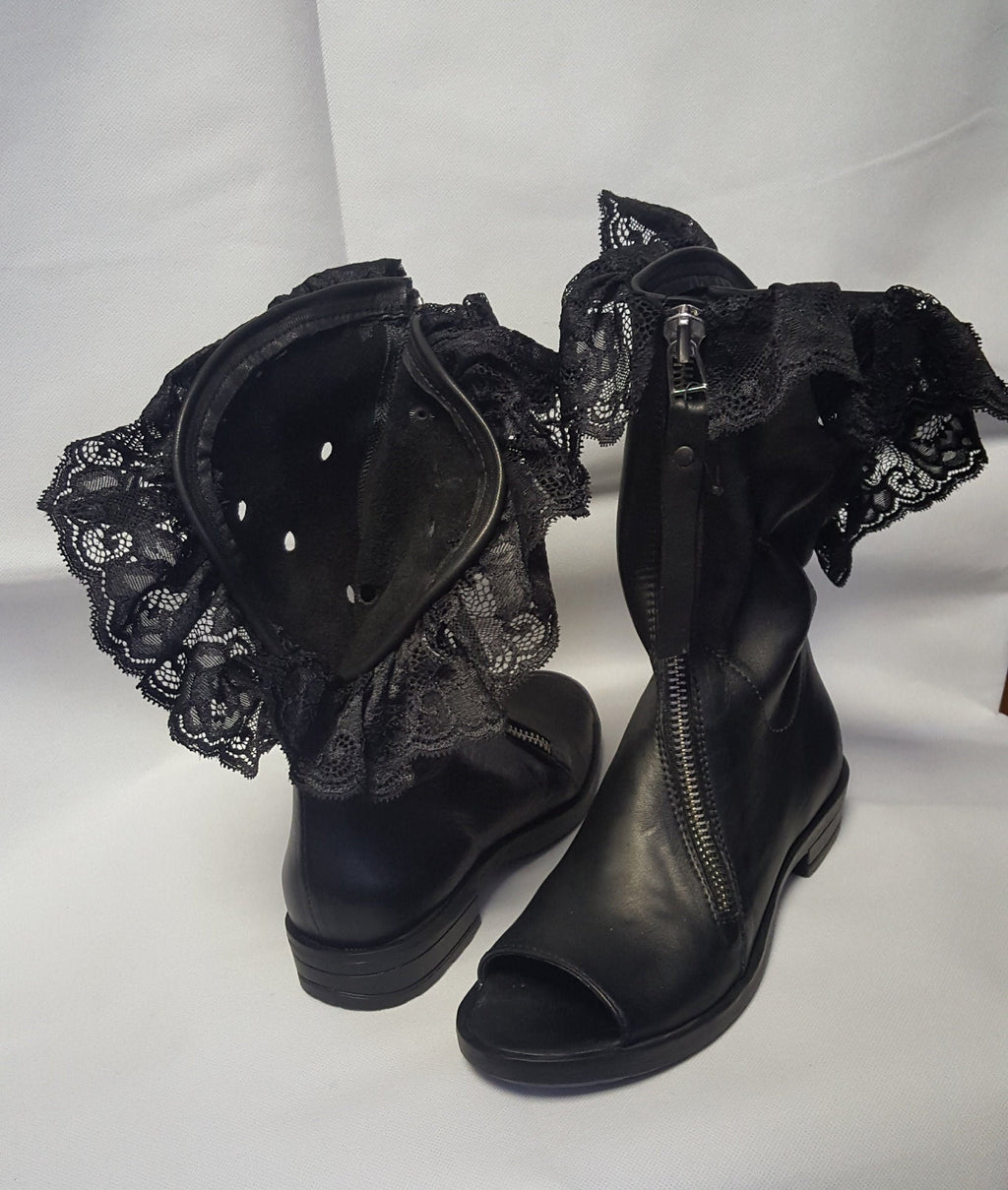 Black Leather Shoes, Gladiator Summer Boots, Gothic Shoes,Open Toes Boots, Steampunk Shoes, Zipper Boots, Grunge Booties, Lace