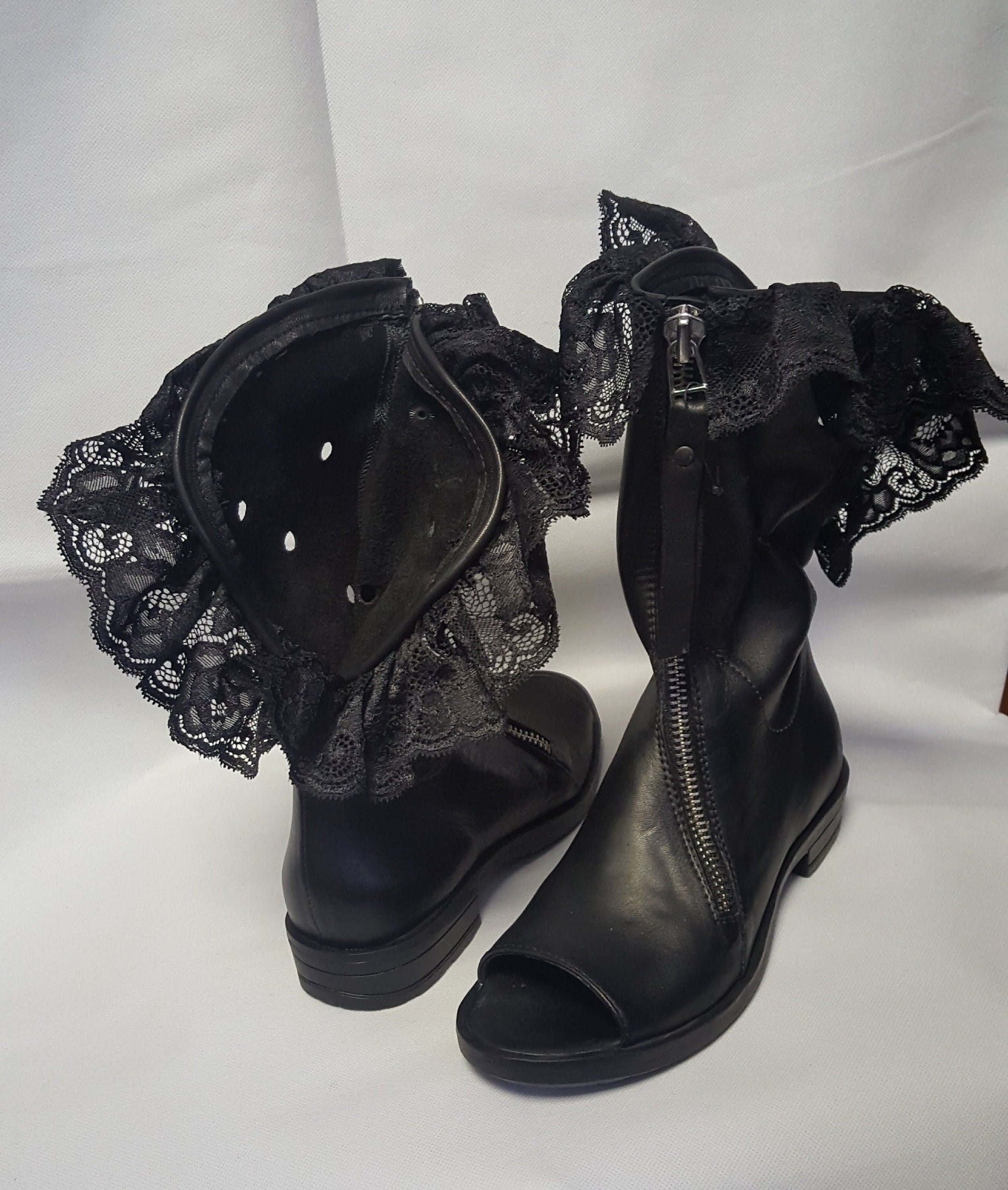 Black Leather Shoes, Gladiator Summer Boots, Gothic Shoes,Open Toes Boots, Steampunk Shoes, Zipper Boots, Grunge Booties, Lace