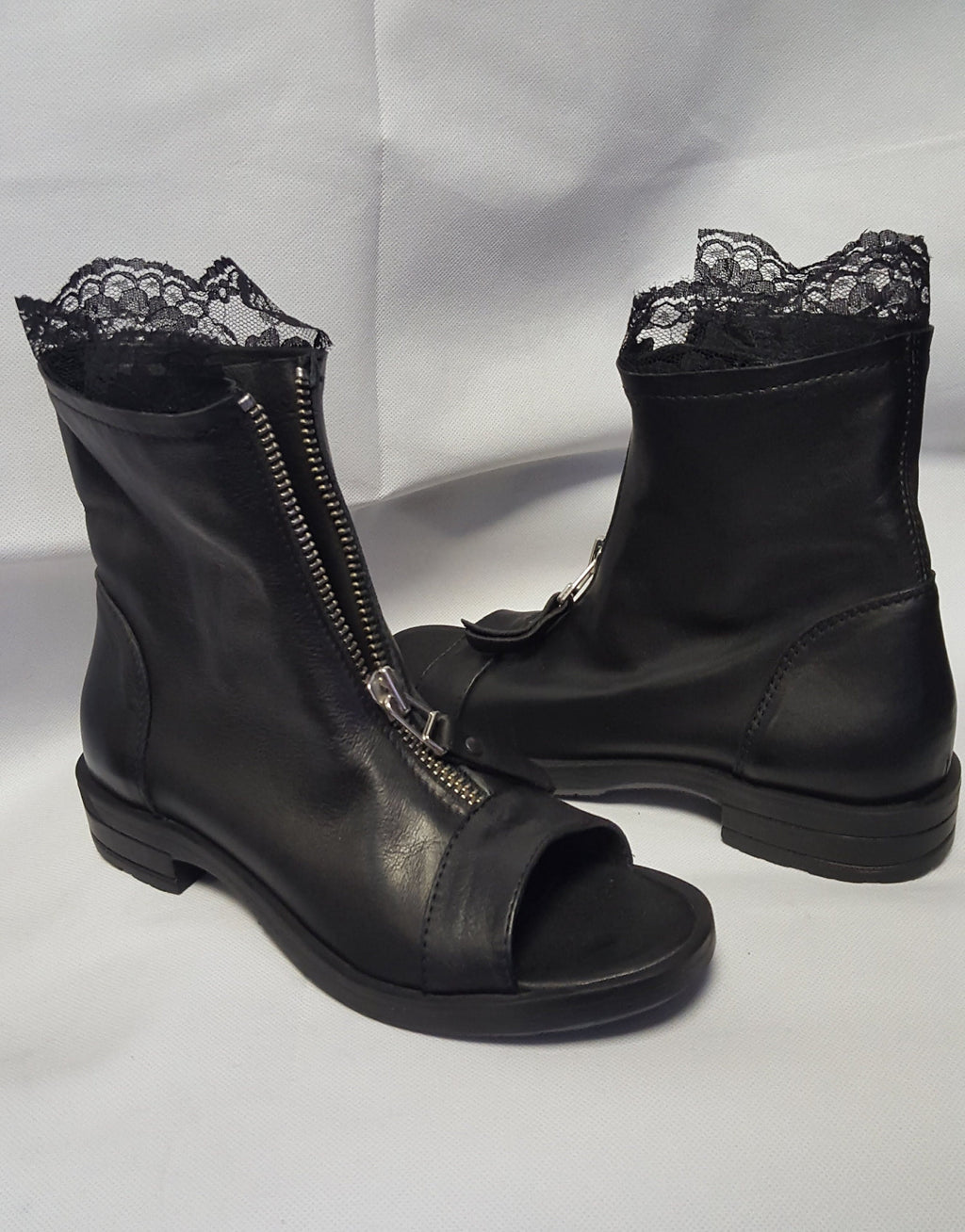Black Leather Ankle Shoes, Lace Summer Boots, Gothic Boots, Open Toes Boots, Steampunk Shoes, Zipper Boots, Grunge Boots