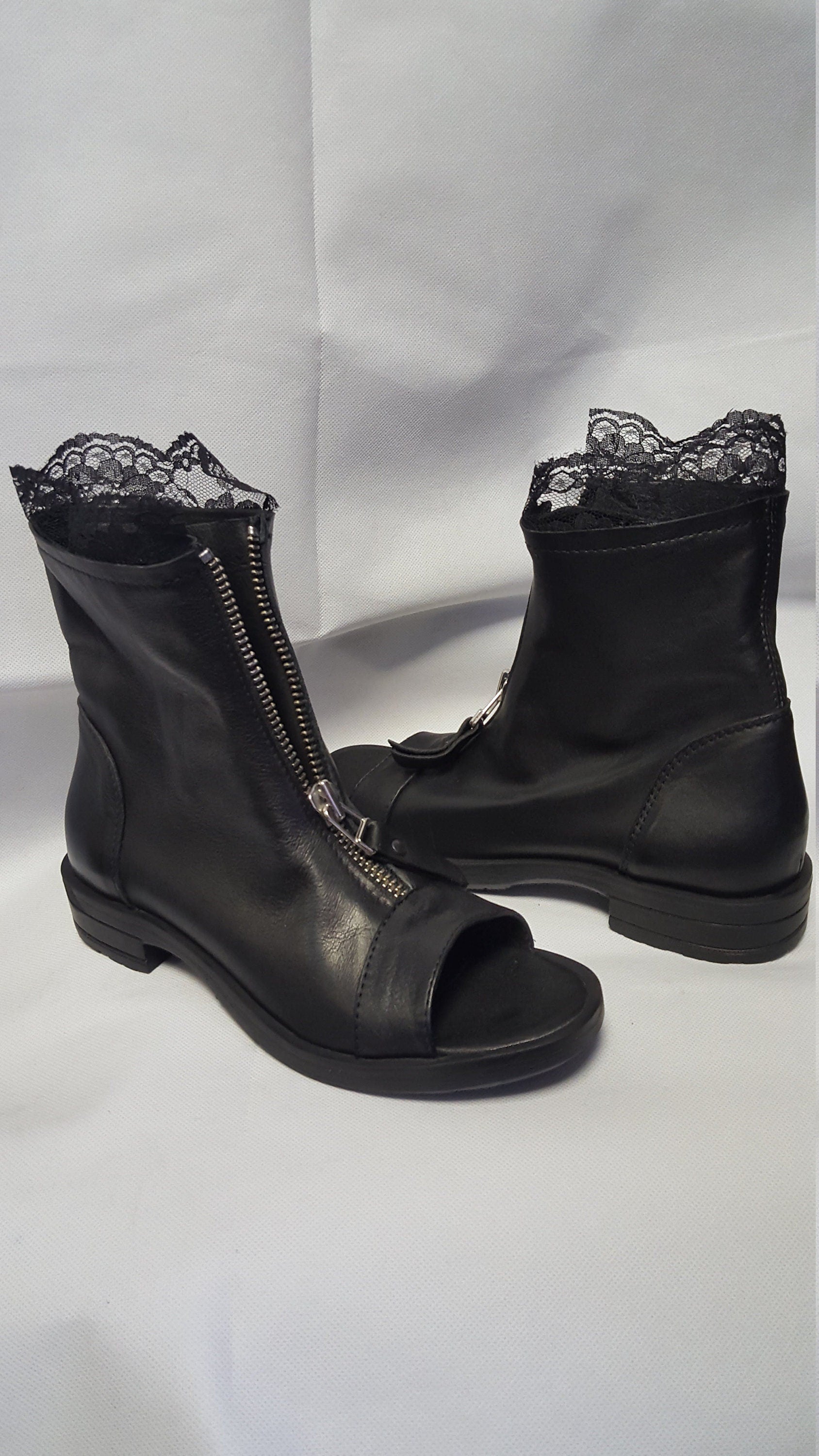 Black Leather Ankle Shoes, Lace Summer Boots, Gothic Boots, Open Toes Boots, Steampunk Shoes, Zipper Boots, Grunge Boots