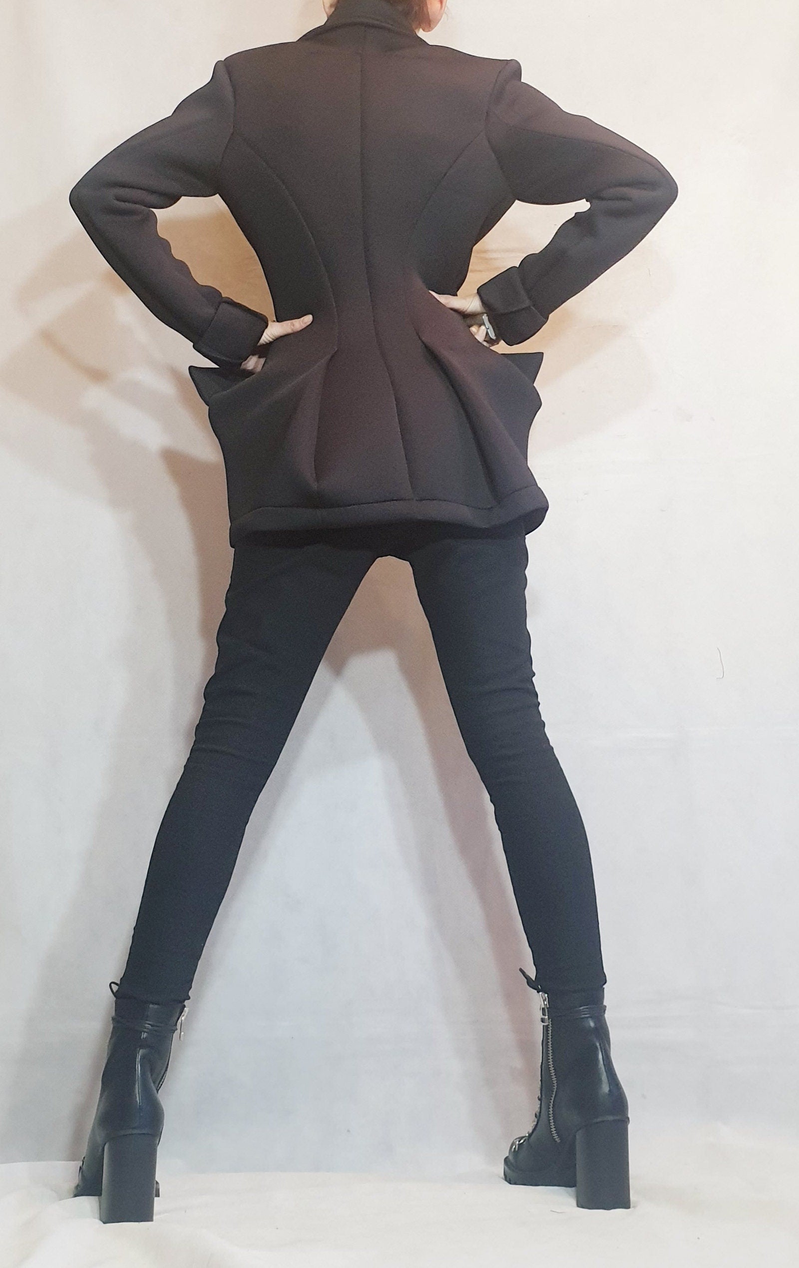 Neoprene Coat, Blazer Coat, Black Coat, Winter Coat, Plus Size Clothing, Warm Coat, Asymmetric Coat, Long Sleeve Coat, Button Down Coat