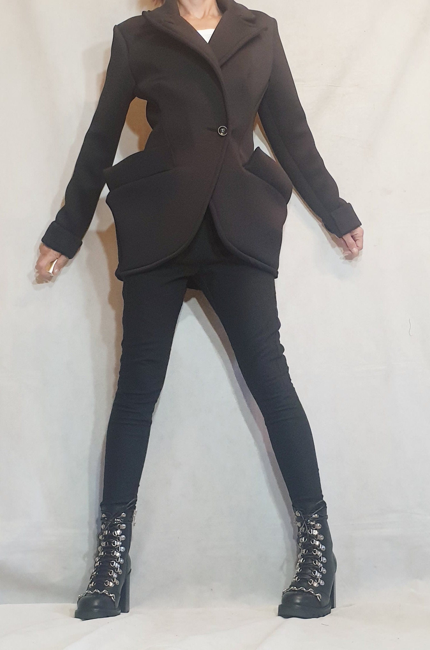 Neoprene Coat, Blazer Coat, Black Coat, Winter Coat, Plus Size Clothing, Warm Coat, Asymmetric Coat, Long Sleeve Coat, Button Down Coat