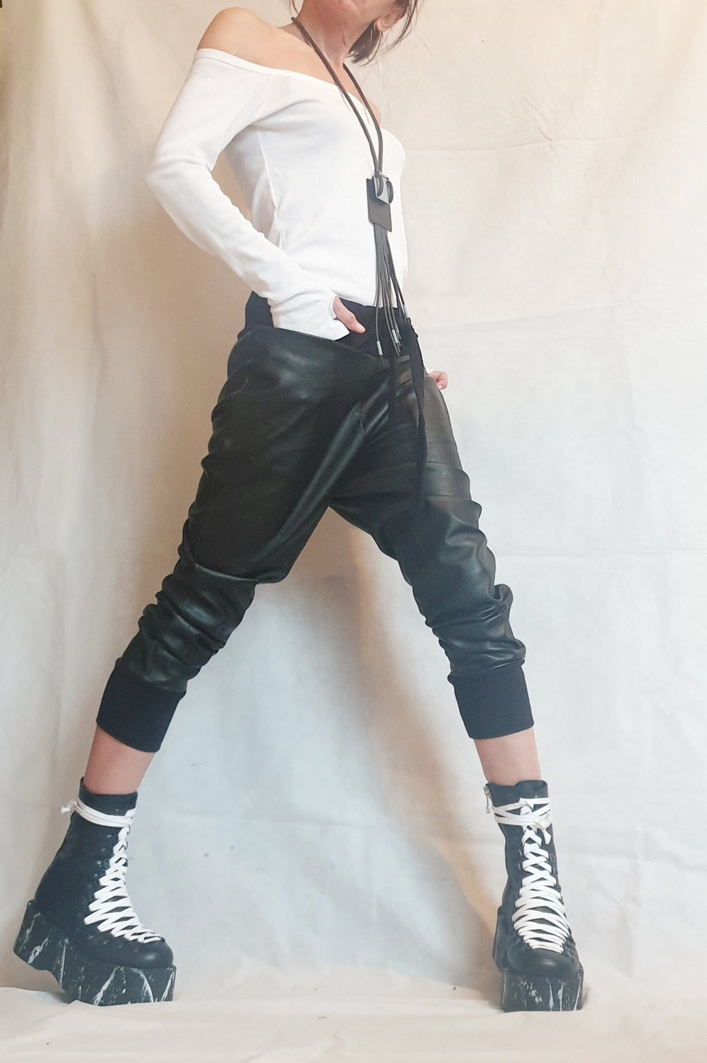 Harem Women Trousers, Еco leather Pants, Black Loose Pants, Gothic Pants, Extravagant Women Pants, Drop Crotch Pants