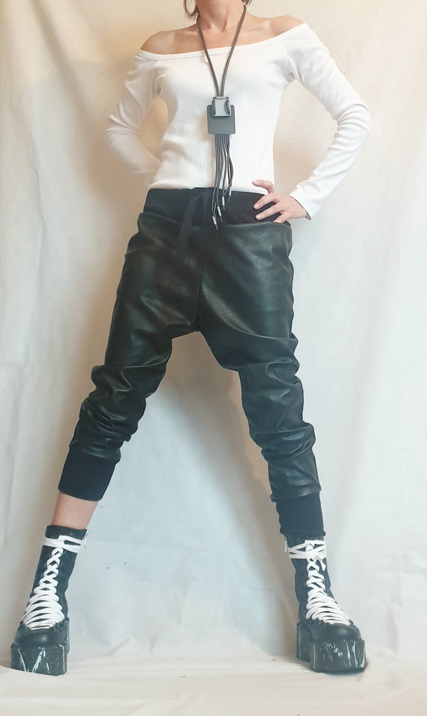 Harem Women Trousers, Еco leather Pants, Black Loose Pants, Gothic Pants, Extravagant Women Pants, Drop Crotch Pants