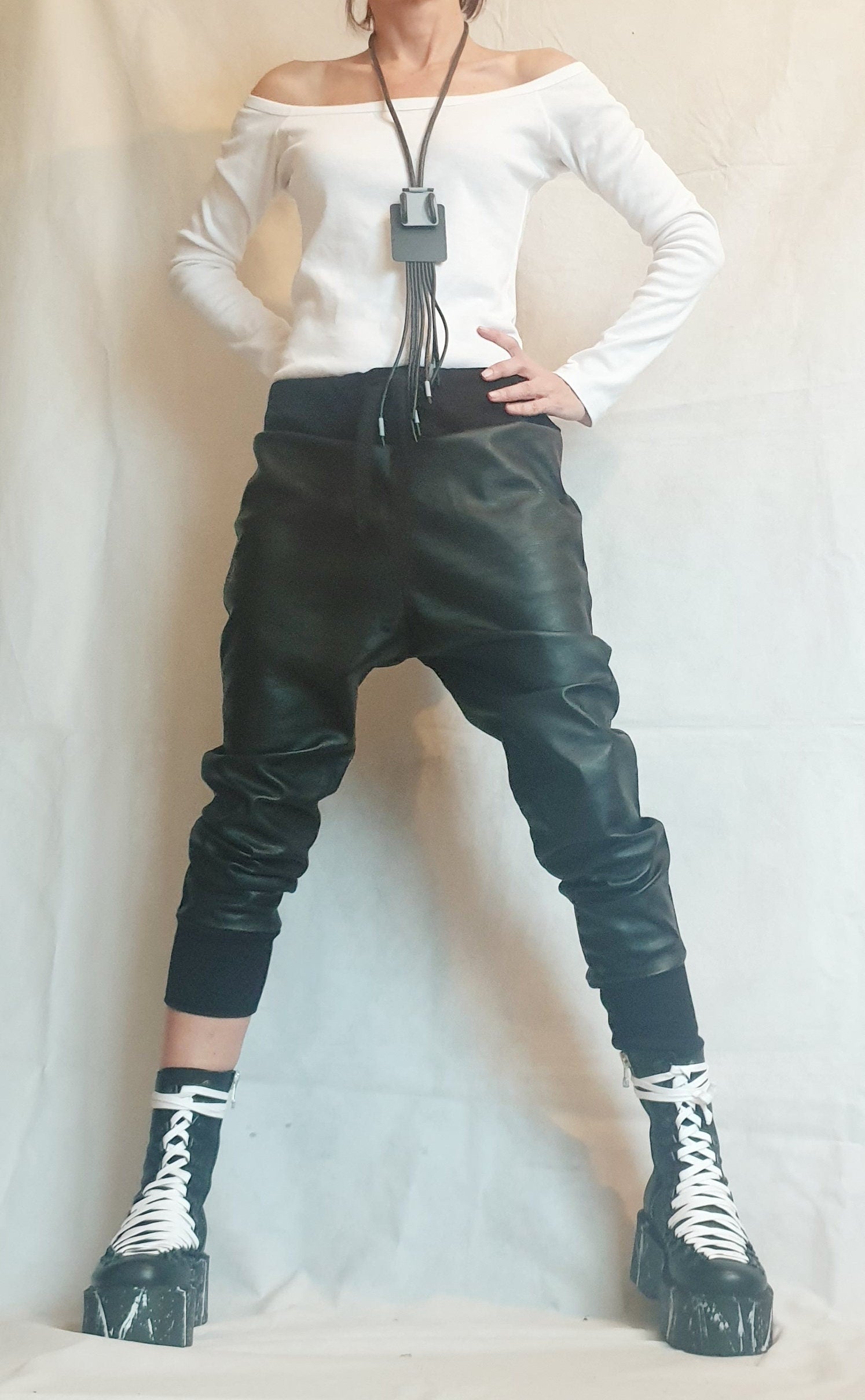 Harem Women Trousers, Еco leather Pants, Black Loose Pants, Gothic Pants, Extravagant Women Pants, Drop Crotch Pants