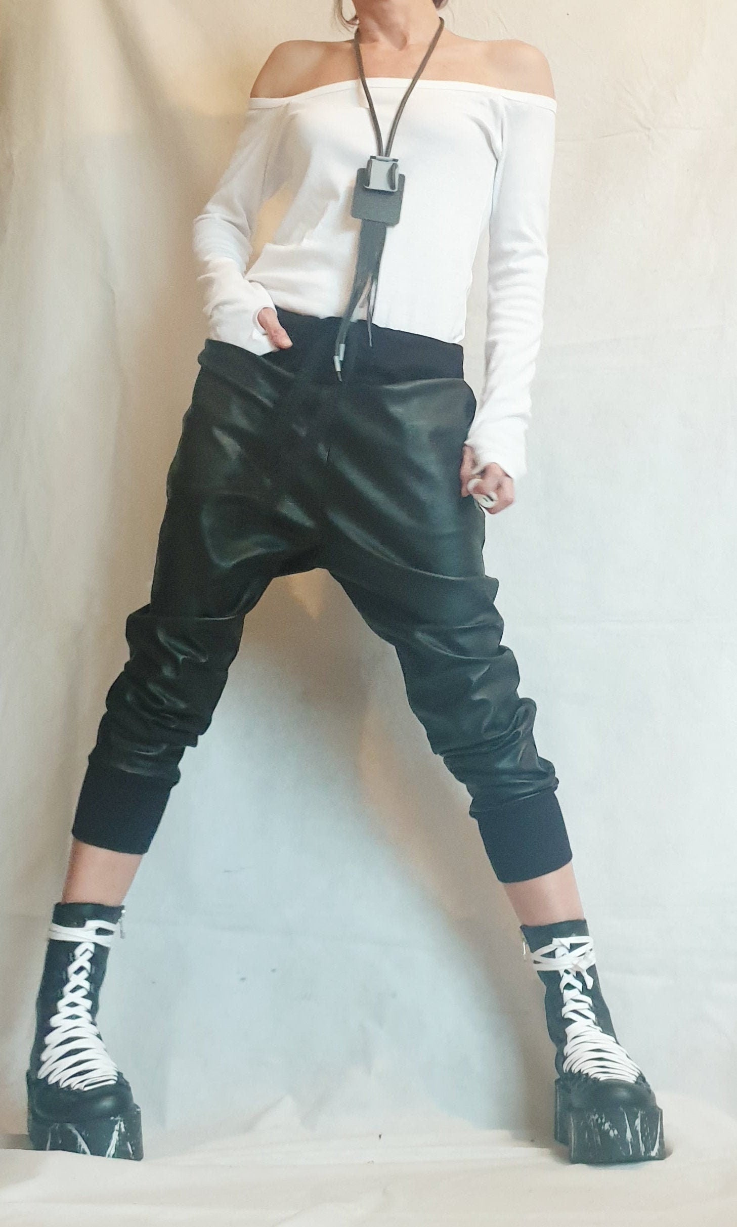 Harem Women Trousers, Еco leather Pants, Black Loose Pants, Gothic Pants, Extravagant Women Pants, Drop Crotch Pants