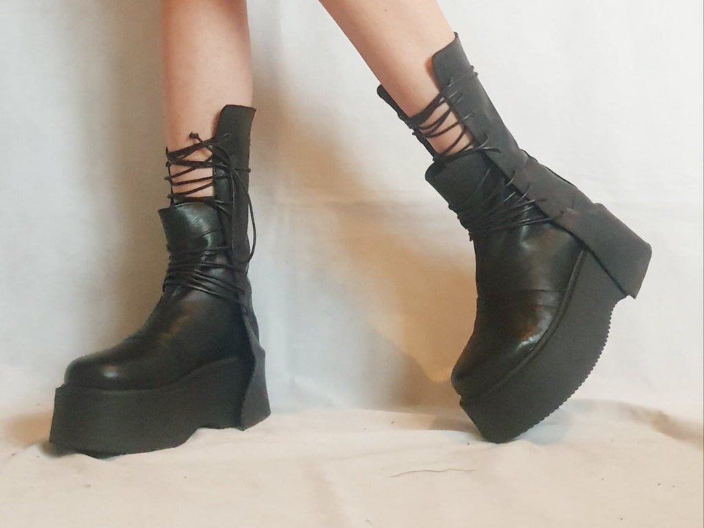 Extravagant Women Boots, Black Platform Shoes, Platform All seasons, Gothic Women Booties, Leather Ankle Boots, Platform Grunge Boots