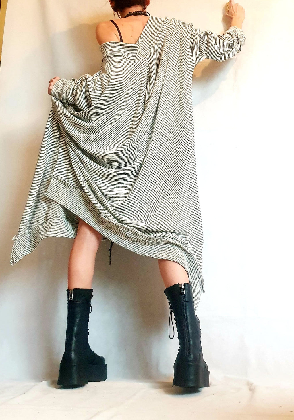 Stripe Extravagant Long Dress, Loose Maxi Dress Tunic, Plus Size Clothing, Oversize Dress, Sleeve Dress, One Shoulder Dress, Knitting Tunic