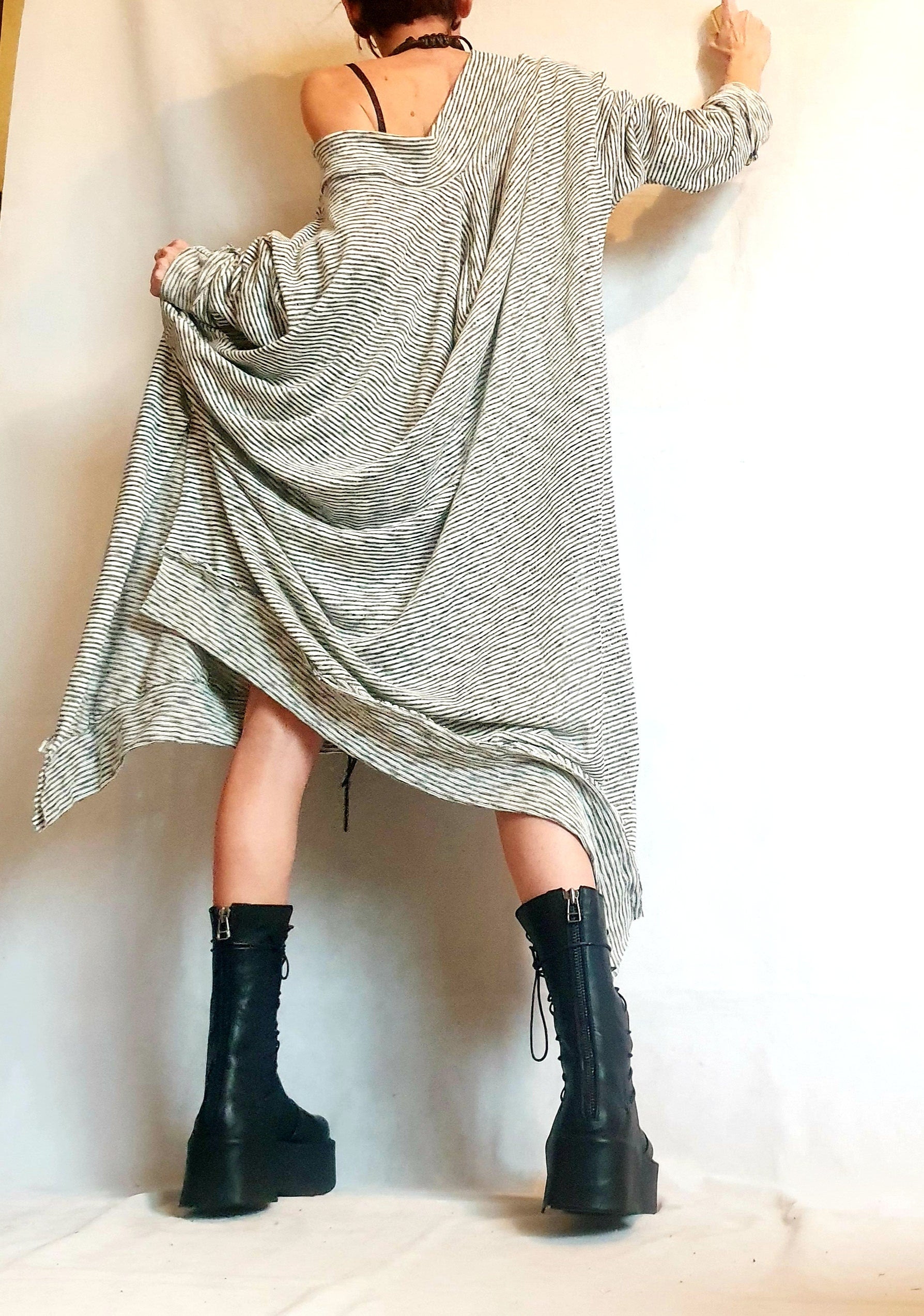 Stripe Extravagant Long Dress, Loose Maxi Dress Tunic, Plus Size Clothing, Oversize Dress, Sleeve Dress, One Shoulder Dress, Knitting Tunic