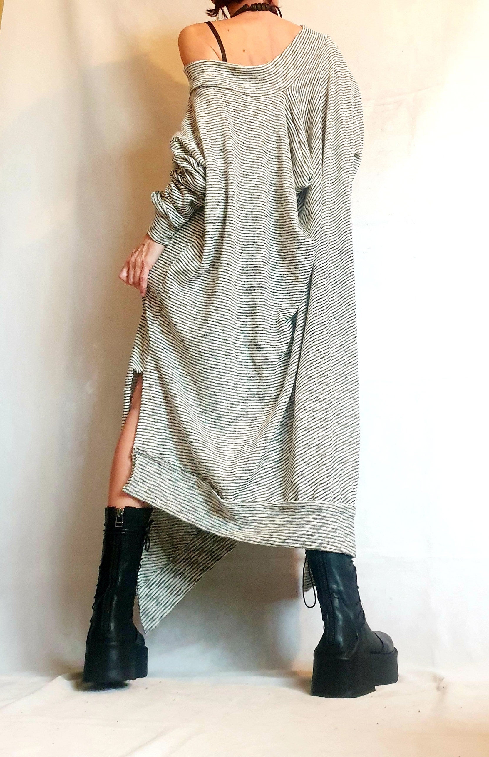 Stripe Extravagant Long Dress, Loose Maxi Dress Tunic, Plus Size Clothing, Oversize Dress, Sleeve Dress, One Shoulder Dress, Knitting Tunic