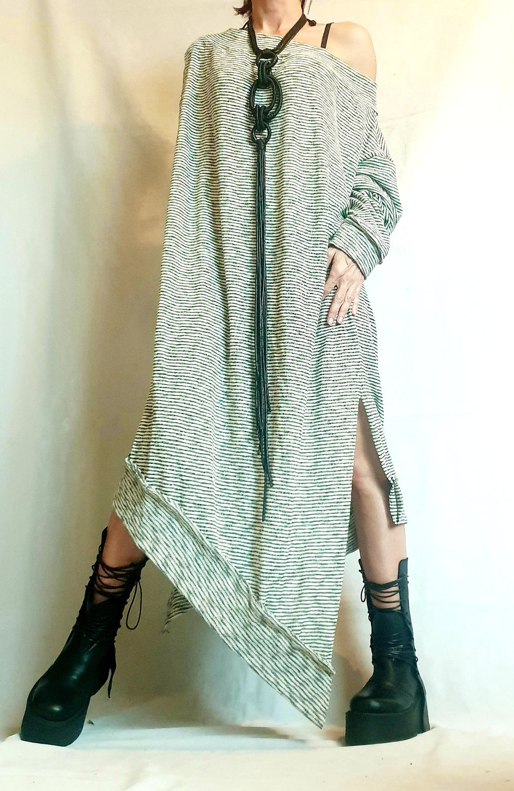 Stripe Extravagant Long Dress, Loose Maxi Dress Tunic, Plus Size Clothing, Oversize Dress, Sleeve Dress, One Shoulder Dress, Knitting Tunic