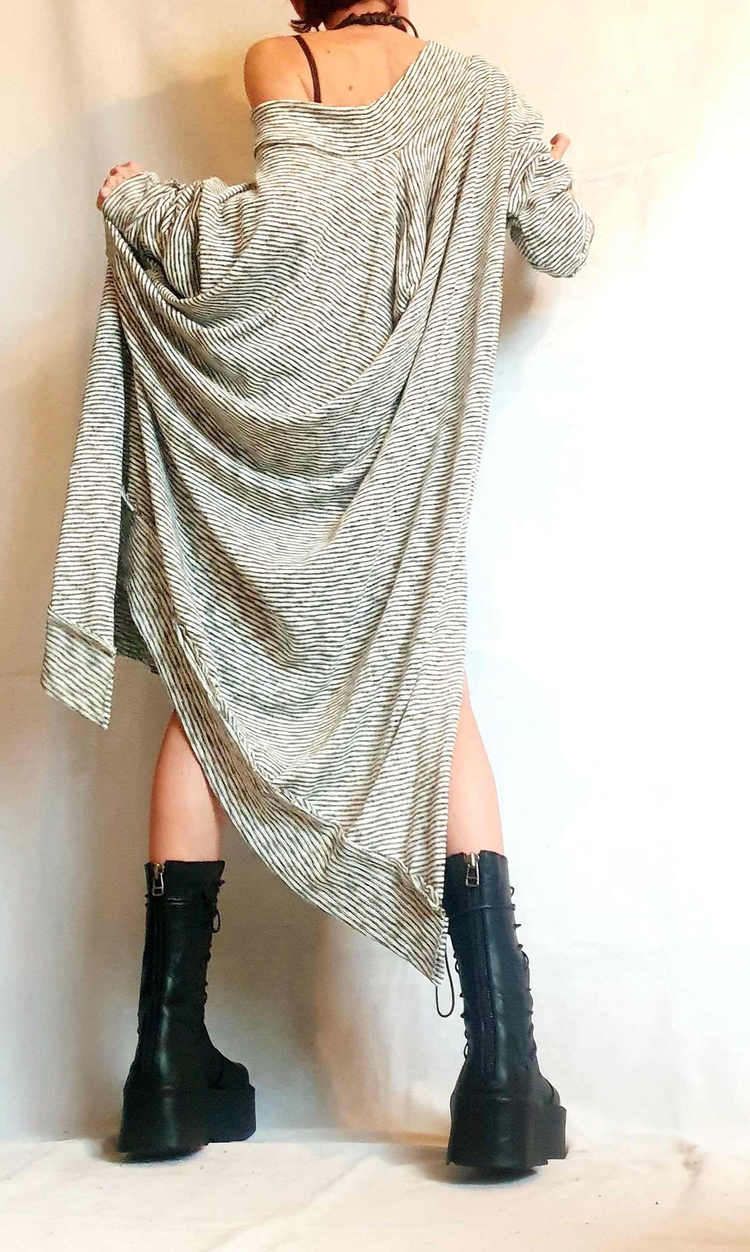 Stripe Extravagant Long Dress, Loose Maxi Dress Tunic, Plus Size Clothing, Oversize Dress, Sleeve Dress, One Shoulder Dress, Knitting Tunic