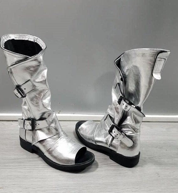 Silver Gladiator Sandals, Extravagant Shoes, High Sandals, Steampunk Shoes, Gothic Sandals, Silver Leather Sandals, Handmade Shoes