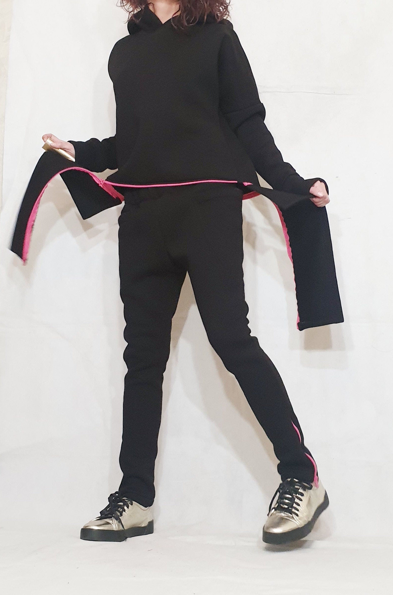 Extravagant Women Tracksuit, Black Cotton Set, Asymmetric Cotton Set, Women Harem Pants, Two Piece Set,Hooded Blouse, Hip Hop Black Set