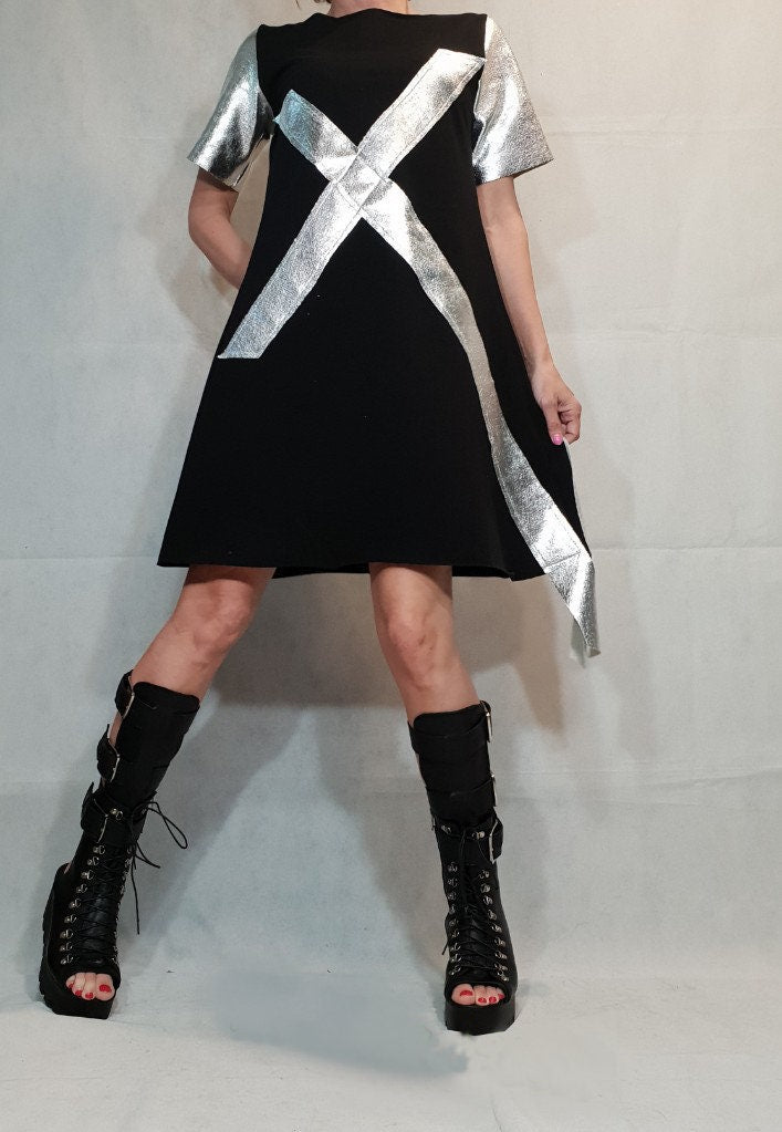 Asymmetric Dress, Avant Garde Tunic, Loose Tunic, Cotton Clothing, Gothic Tunic, Steampunk Tunic, Oversize Tunic, Black Silver Tunic Top