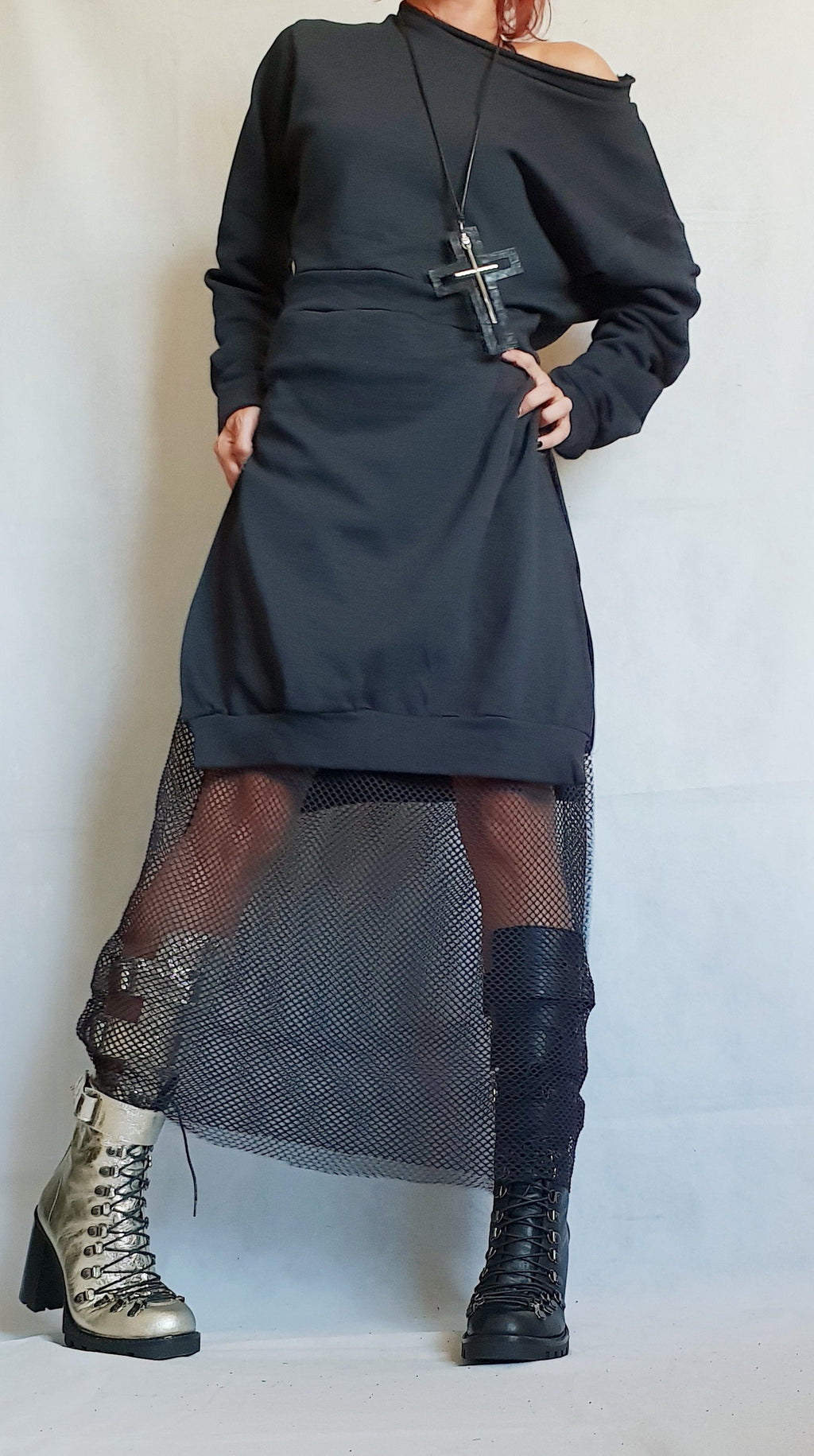 Extravagant Long Dress, Gothic Dress, Black Long Cotton Dress, Asymmetric Dress, Boho Clothing, Sleeve Dress, Steampunk Dress