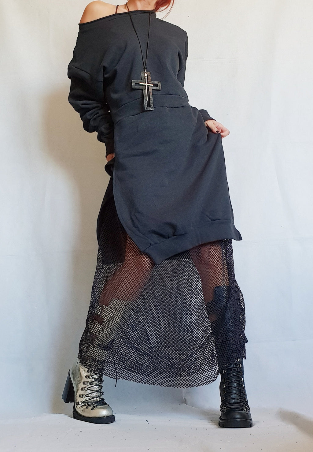 Extravagant Long Dress, Gothic Dress, Black Long Cotton Dress, Asymmetric Dress, Boho Clothing, Sleeve Dress, Steampunk Dress