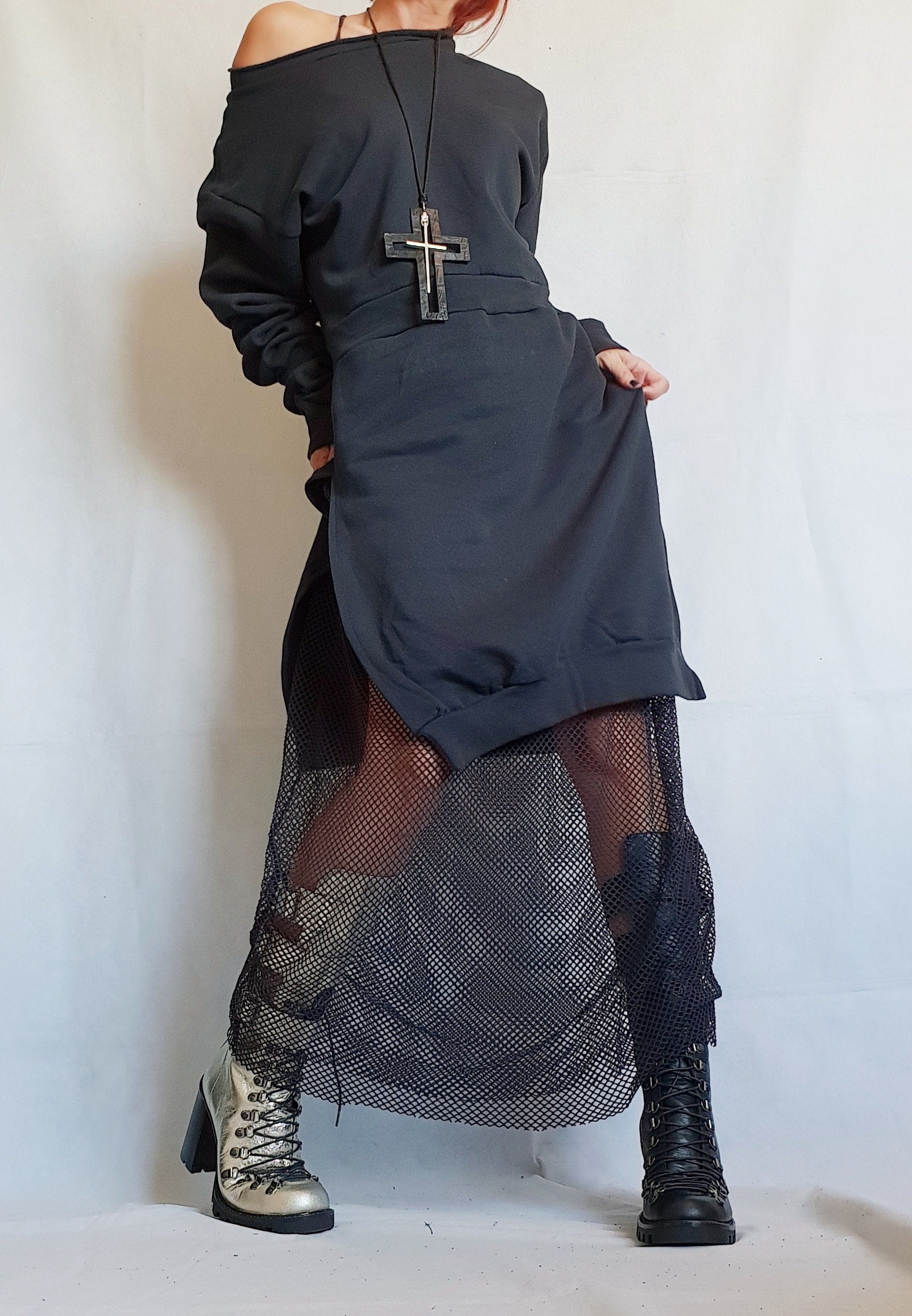 Extravagant Long Dress, Gothic Dress, Black Long Cotton Dress, Asymmetric Dress, Boho Clothing, Sleeve Dress, Steampunk Dress