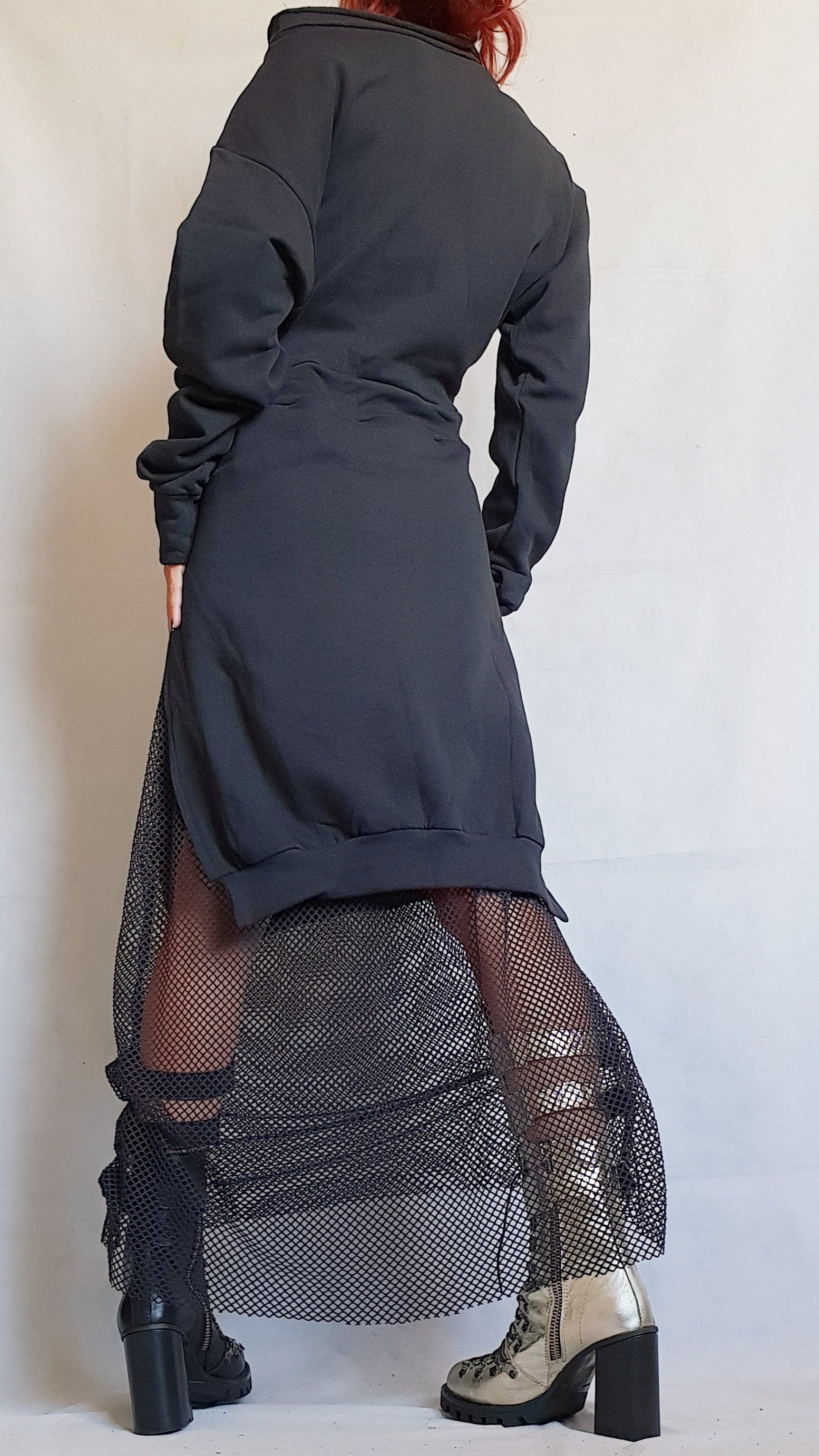 Extravagant Long Dress, Gothic Dress, Black Long Cotton Dress, Asymmetric Dress, Boho Clothing, Sleeve Dress, Steampunk Dress