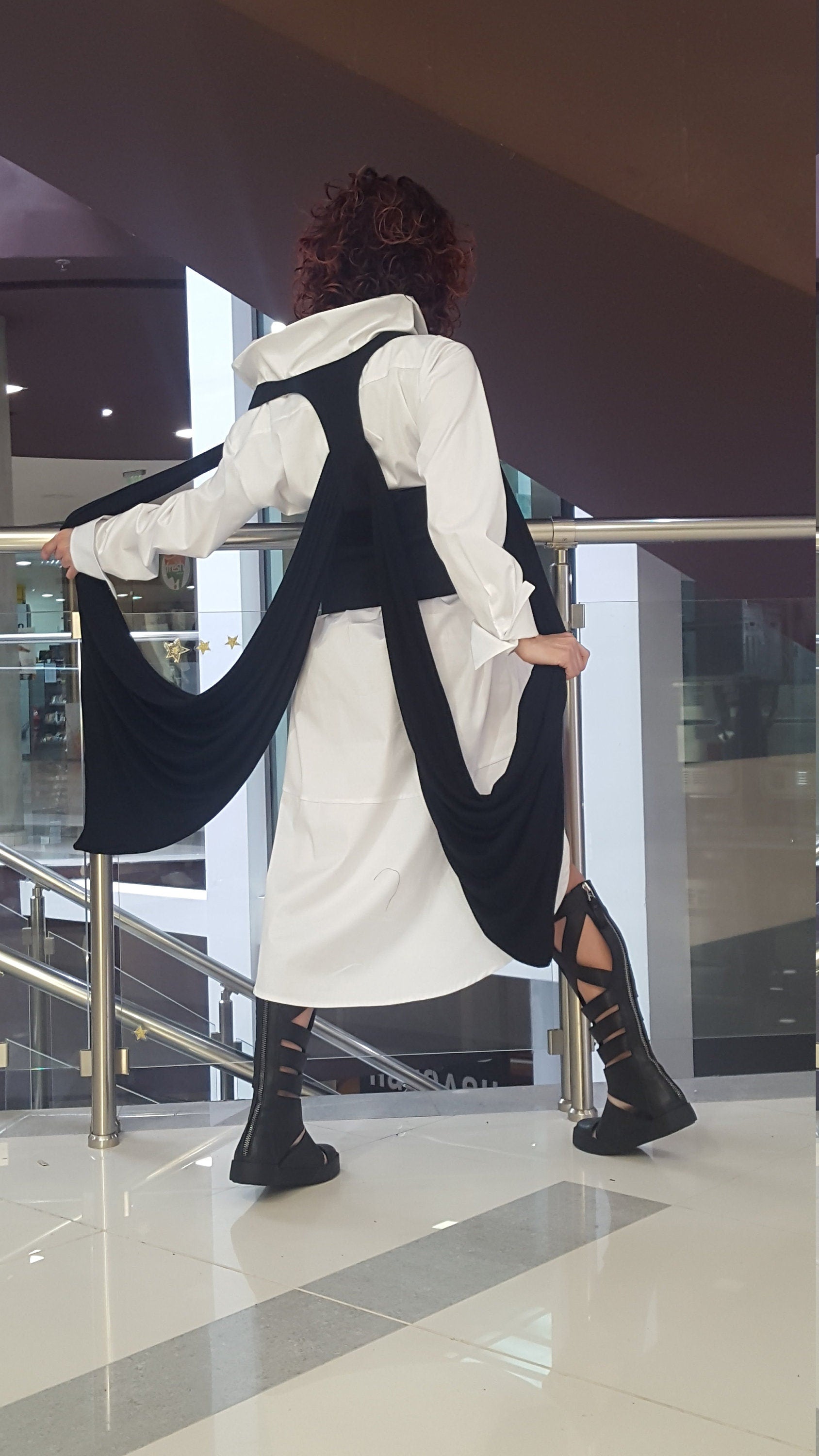 Asymmetric White Shirt with Vest, Long Short Shirt with Asymmetric Vest, Avant Garde Tunic with Extravagant Vest