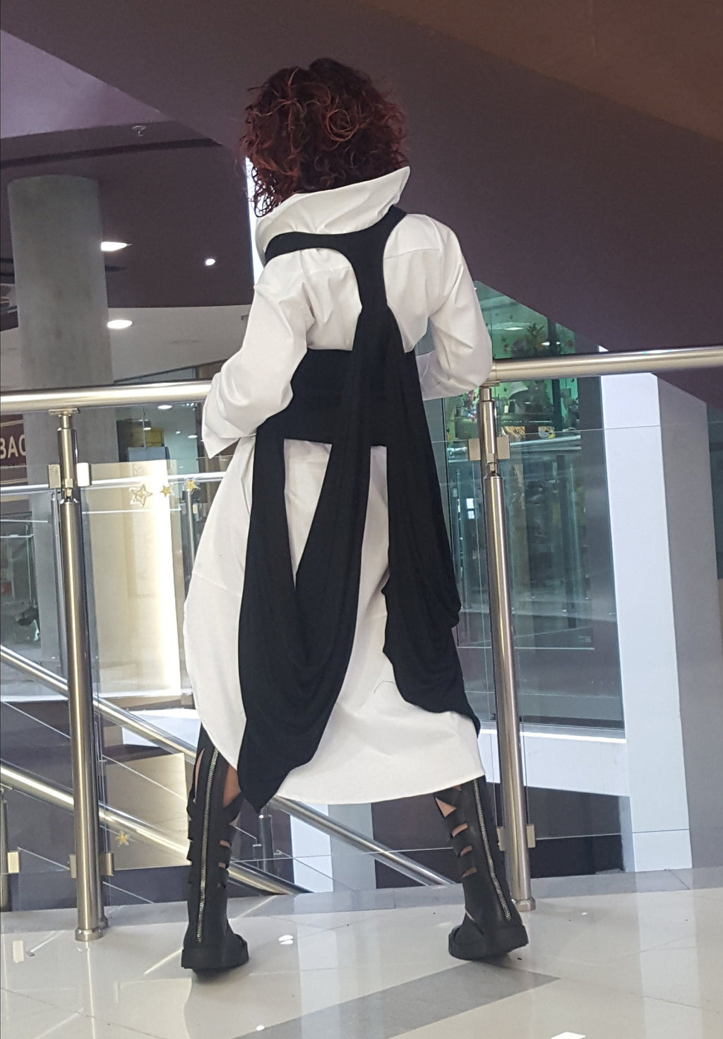 Asymmetric White Shirt with Vest, Long Short Shirt with Asymmetric Vest, Avant Garde Tunic with Extravagant Vest