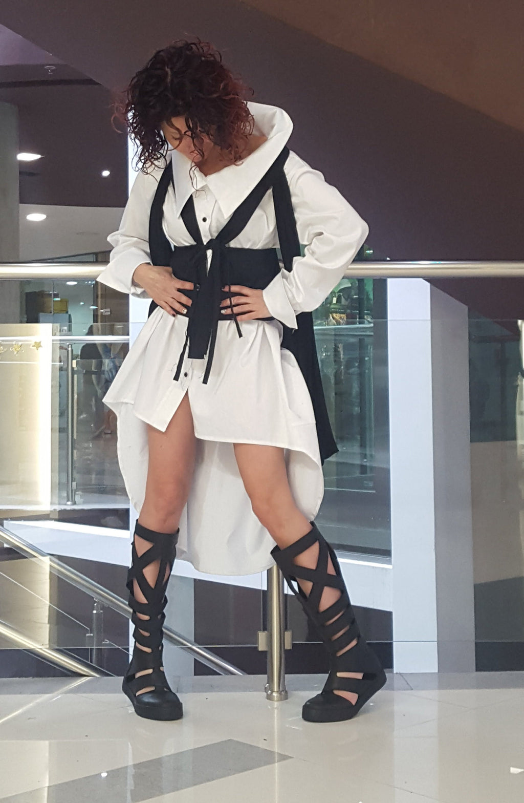 Asymmetric White Shirt with Vest, Long Short Shirt with Asymmetric Vest, Avant Garde Tunic with Extravagant Vest