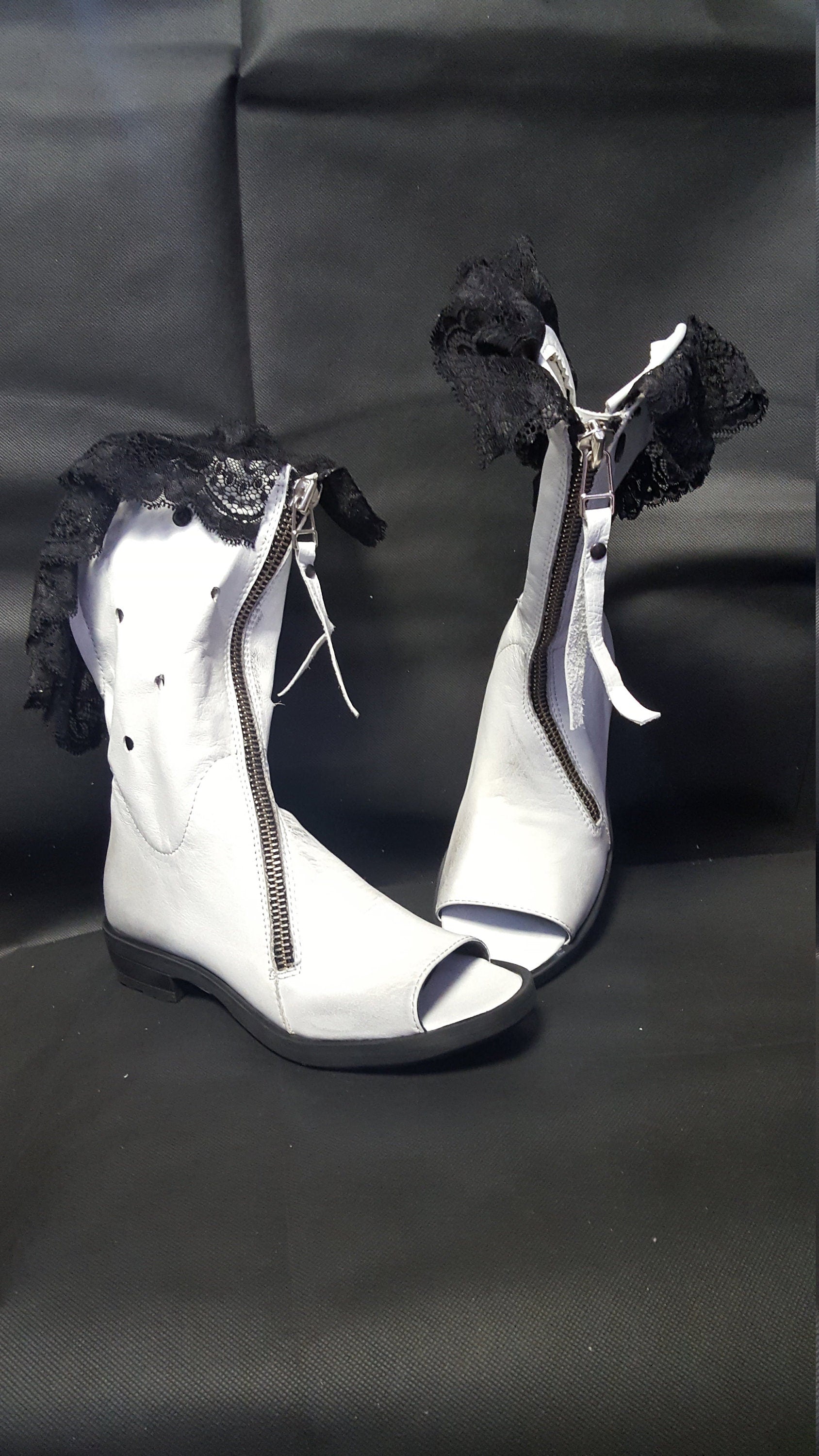 Open Toes Summer Boots, White Ankle Boots, Leather Shoes, Lace Shoes, Summer Wedding Shoes, Gothic Shoes, Extravagant Shoes