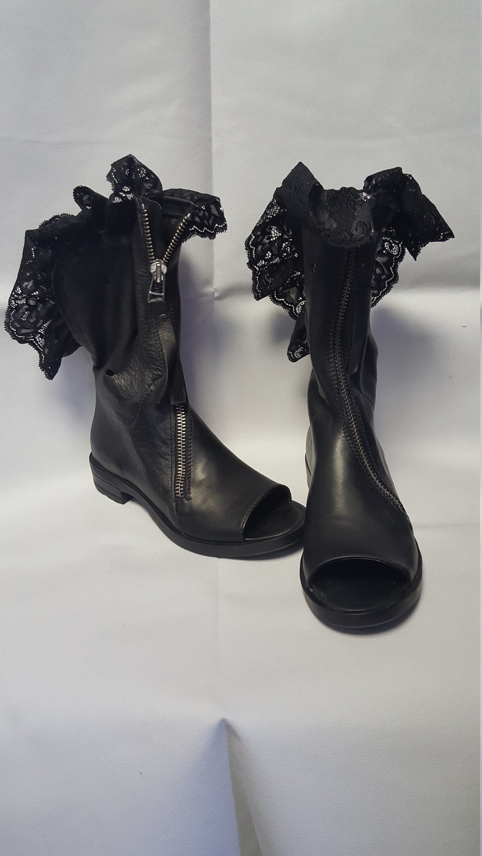 Black Leather Shoes, Gladiator Summer Boots, Gothic Shoes,Open Toes Boots, Steampunk Shoes, Zipper Boots, Grunge Booties, Lace