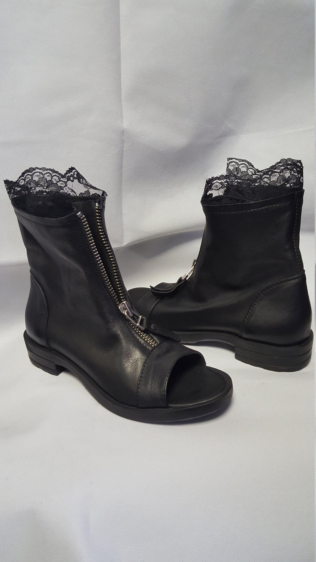 Black Leather Ankle Shoes, Lace Summer Boots, Gothic Boots, Open Toes Boots, Steampunk Shoes, Zipper Boots, Grunge Boots