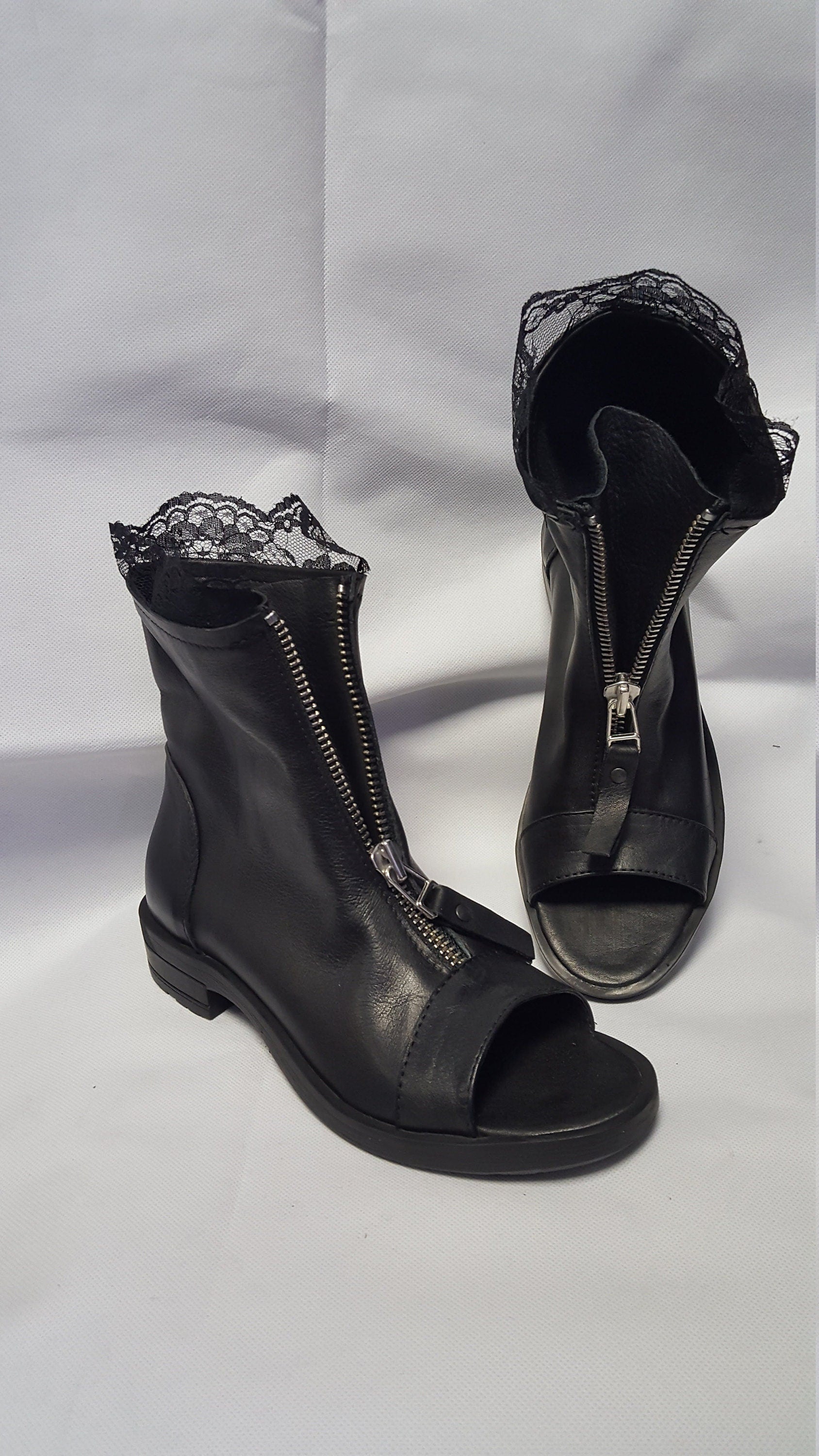 Black Leather Ankle Shoes, Lace Summer Boots, Gothic Boots, Open Toes Boots, Steampunk Shoes, Zipper Boots, Grunge Boots