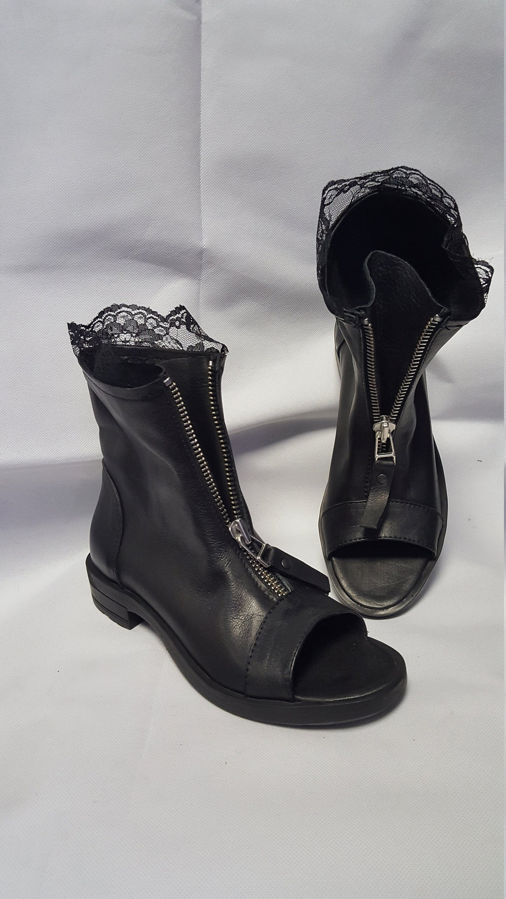 Black Leather Ankle Shoes, Lace Summer Boots, Gothic Boots, Open Toes Boots, Steampunk Shoes, Zipper Boots, Grunge Boots