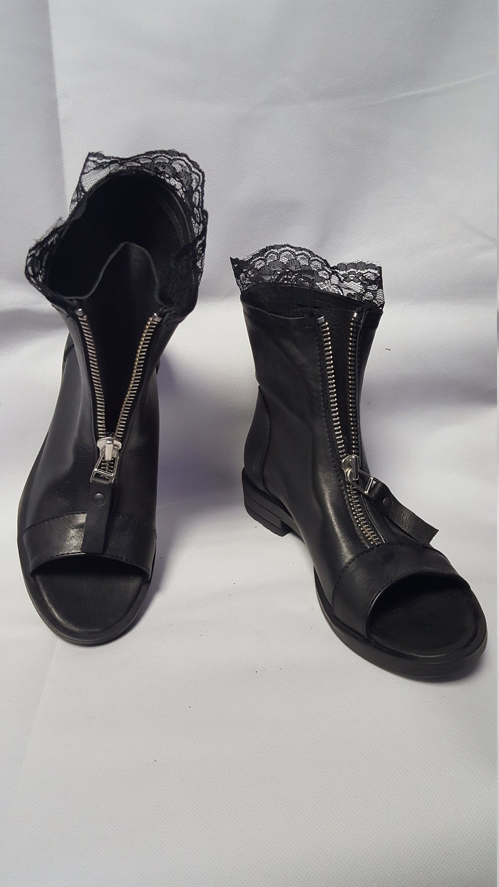 Black Leather Ankle Shoes, Lace Summer Boots, Gothic Boots, Open Toes Boots, Steampunk Shoes, Zipper Boots, Grunge Boots