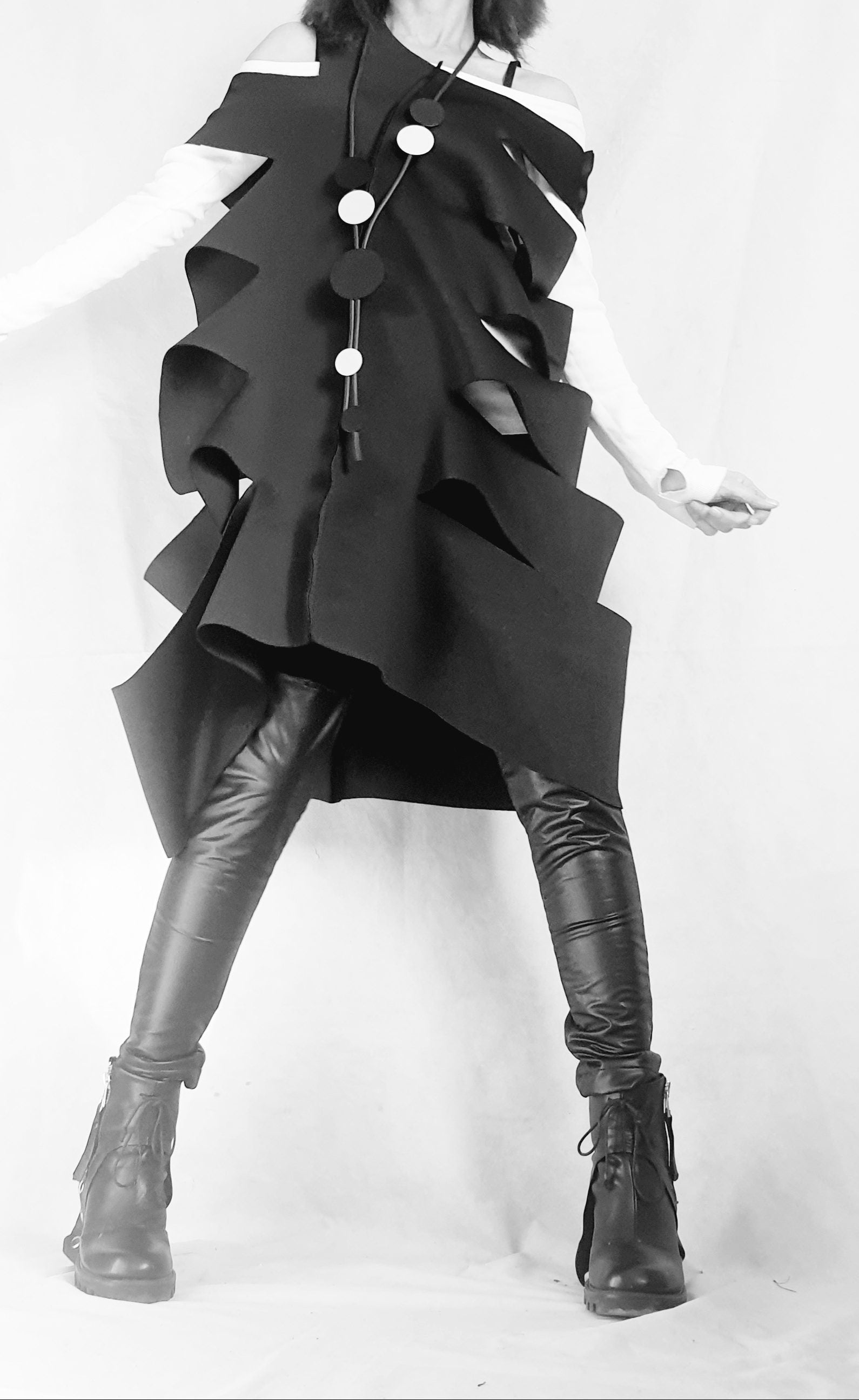 Asymmetric Neoprene Top, Extravagant Top, Deconstructed Top, Gothic Tunic, Side Cutouts, Black Top