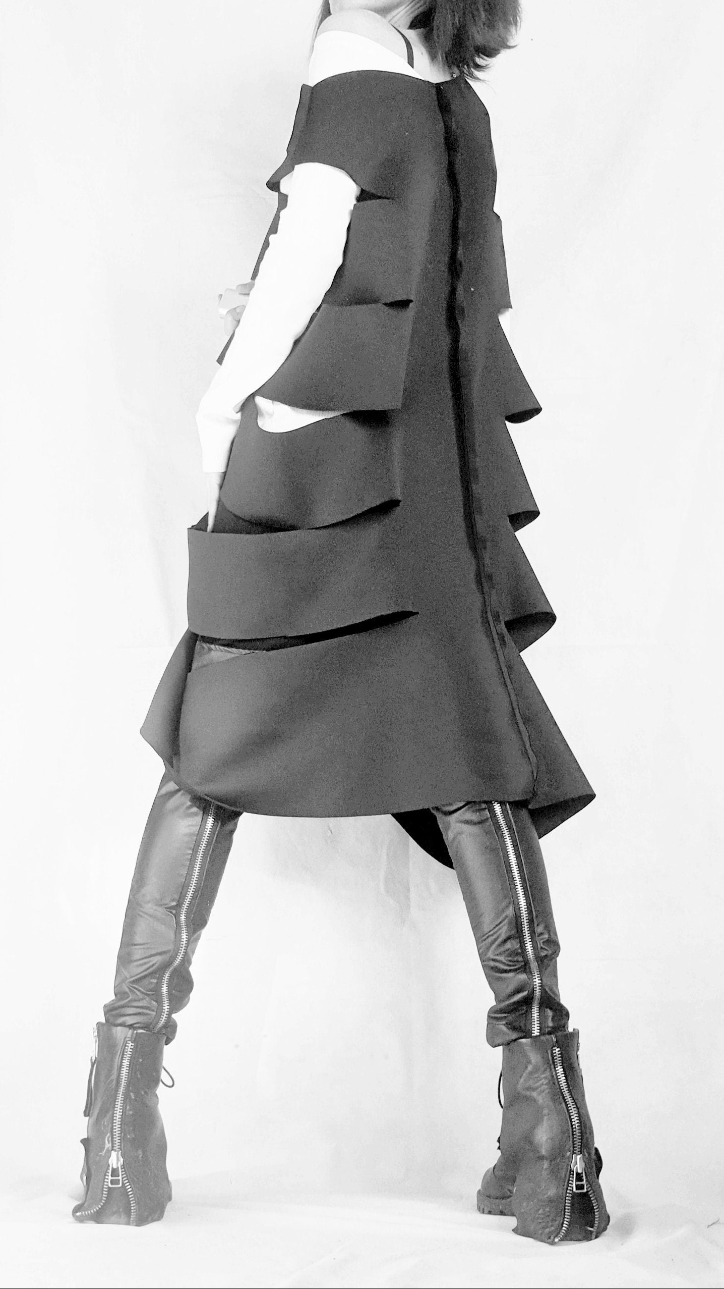 Asymmetric Neoprene Top, Extravagant Top, Deconstructed Top, Gothic Tunic, Side Cutouts, Black Top