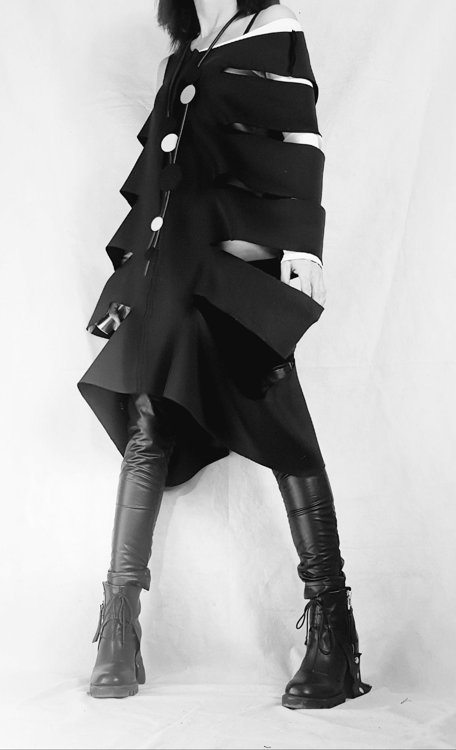 Asymmetric Neoprene Top, Extravagant Top, Deconstructed Top, Gothic Tunic, Side Cutouts, Black Top