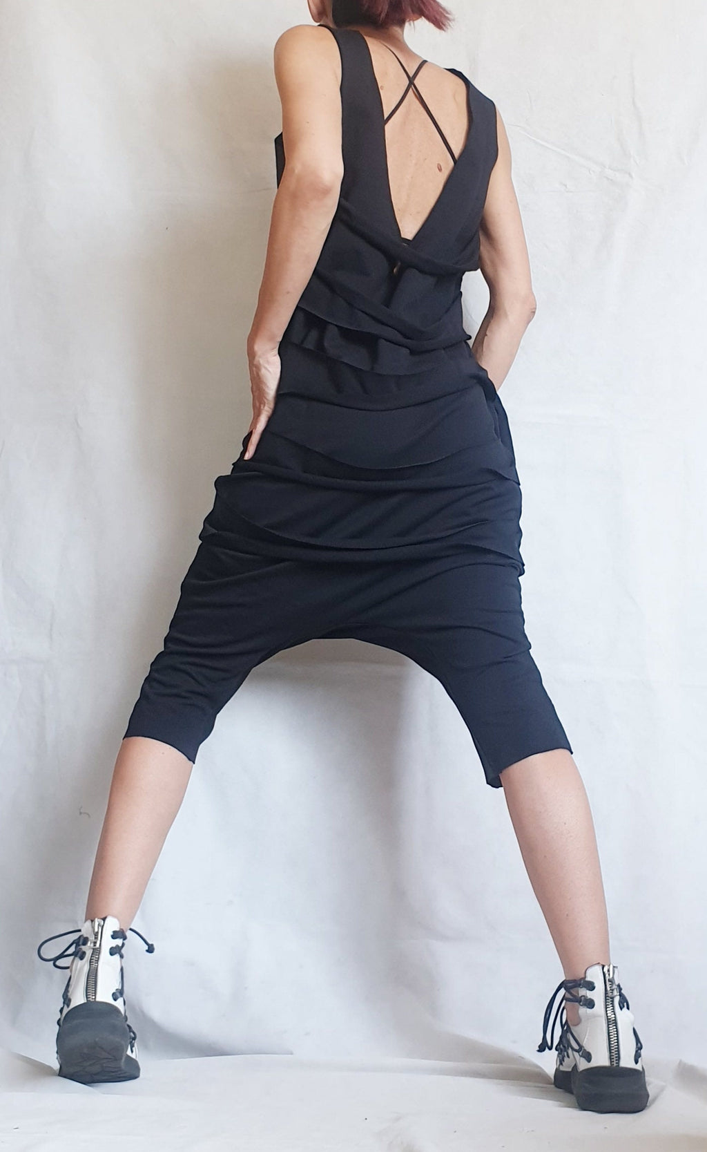 Black Harem Jumpsuit,Extravagant Loose Jumpsuit, Drop Crotch Jumpsuit, Short Women Overall, Open Back Jumpsuit, Gothic Jumpsuit