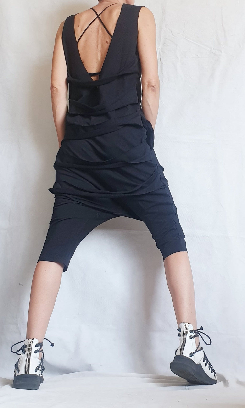 Black Harem Jumpsuit,Extravagant Loose Jumpsuit, Drop Crotch Jumpsuit, Short Women Overall, Open Back Jumpsuit, Gothic Jumpsuit