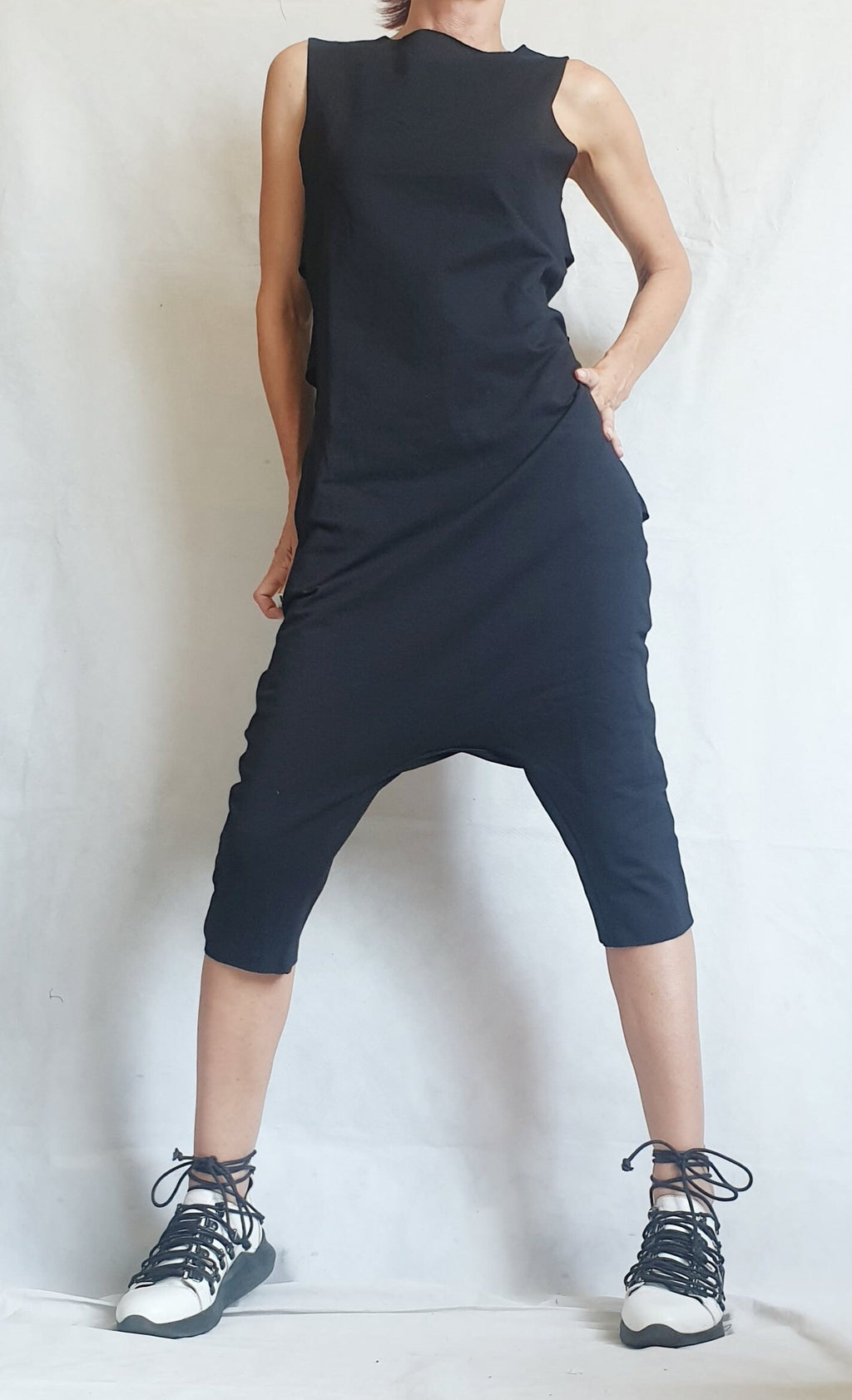 Black Harem Jumpsuit,Extravagant Loose Jumpsuit, Drop Crotch Jumpsuit, Short Women Overall, Open Back Jumpsuit, Gothic Jumpsuit