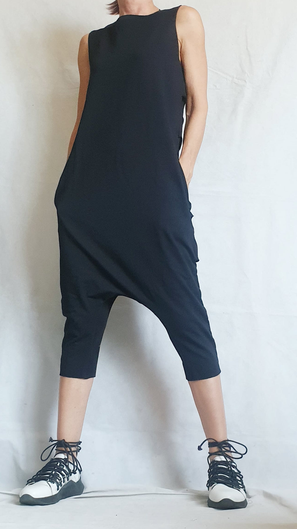 Black Harem Jumpsuit,Extravagant Loose Jumpsuit, Drop Crotch Jumpsuit, Short Women Overall, Open Back Jumpsuit, Gothic Jumpsuit