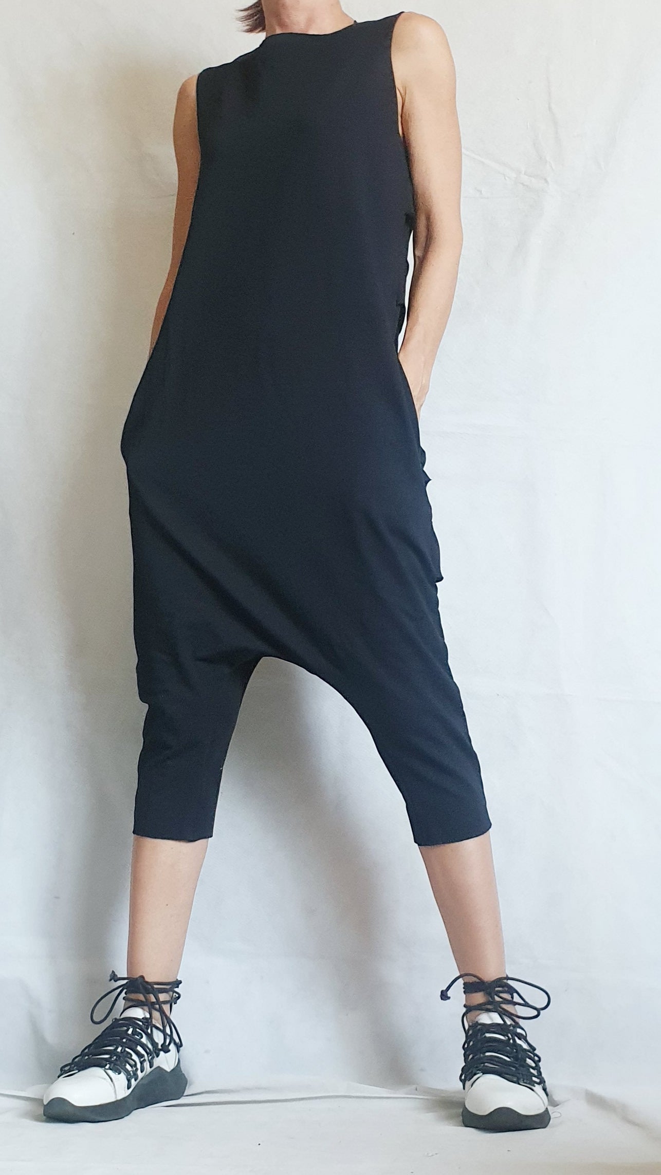 Black Harem Jumpsuit,Extravagant Loose Jumpsuit, Drop Crotch Jumpsuit, Short Women Overall, Open Back Jumpsuit, Gothic Jumpsuit