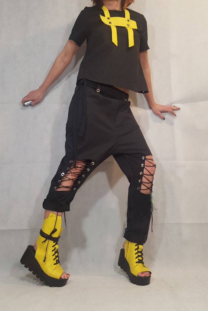 Extravagant Women Black Set, Asymmetric Open Back Blouse, Women Harem Pants, Gothic Costume, Cocktail Women Set, Elegant Women Costume