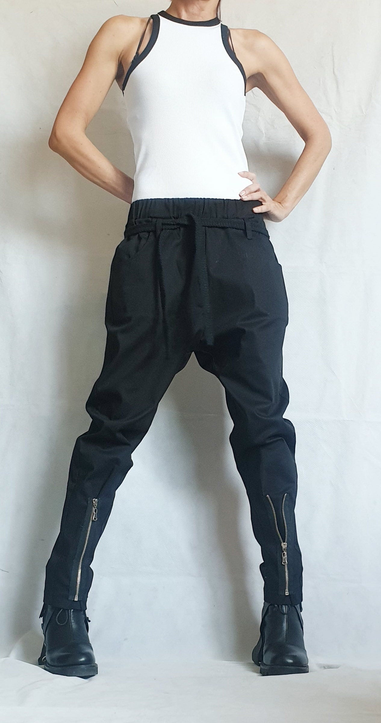 Extravagant Women Harem Pants, Tight Zipper Pants, Women Baggy Trousers, Cyberpunk Trousers, Black Loose Pants, Gothic Pants