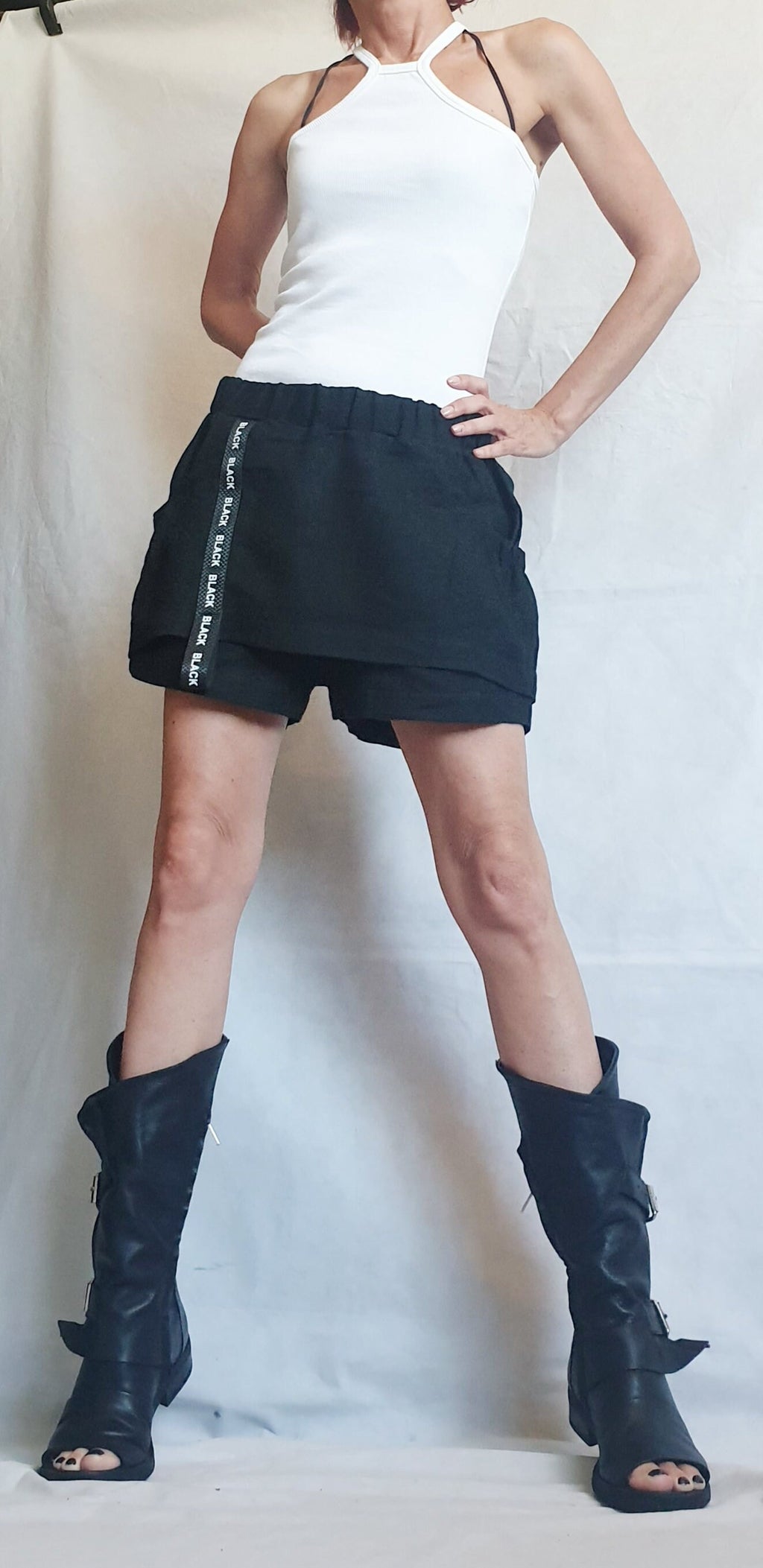 Extravagant Short Linen Pants, Women Sexy Shorts, Loose Linen Pants Skirt, Short Black Pants, Gothic Pants