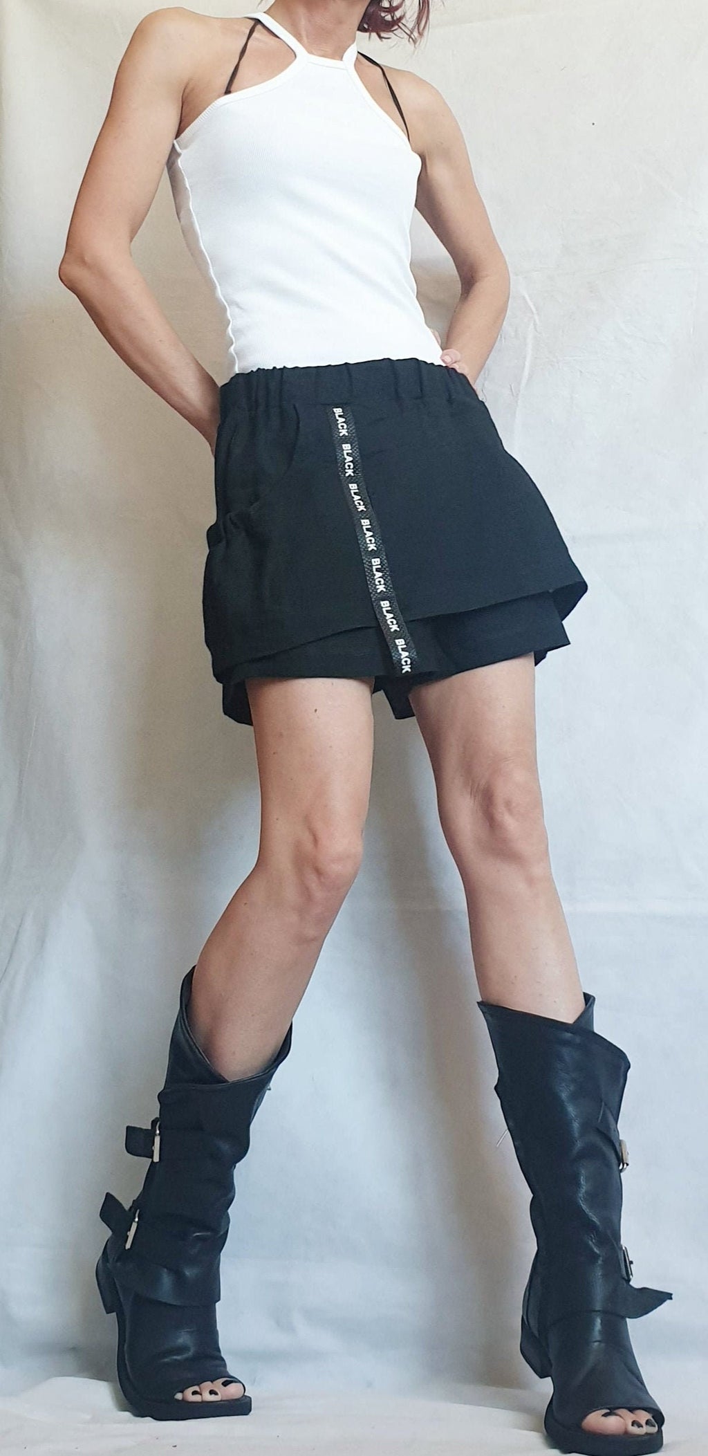 Extravagant Short Linen Pants, Women Sexy Shorts, Loose Linen Pants Skirt, Short Black Pants, Gothic Pants