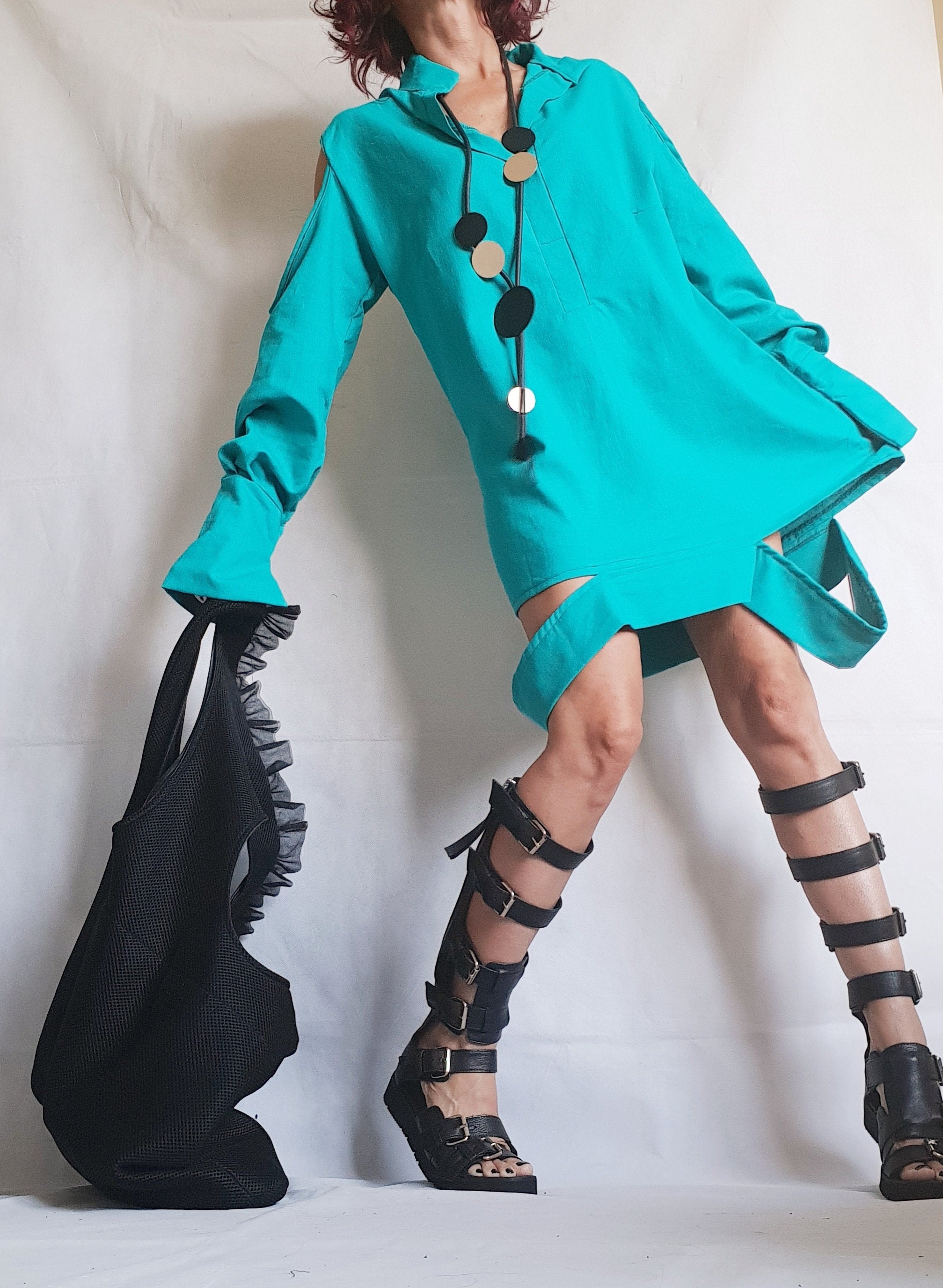 Blue Linen Dress, Extravagant Tunic Dress, Avant Garde Dress, Shirt Dress, Sexy Dress, Deconstructed Dress, Plus Size Clothing