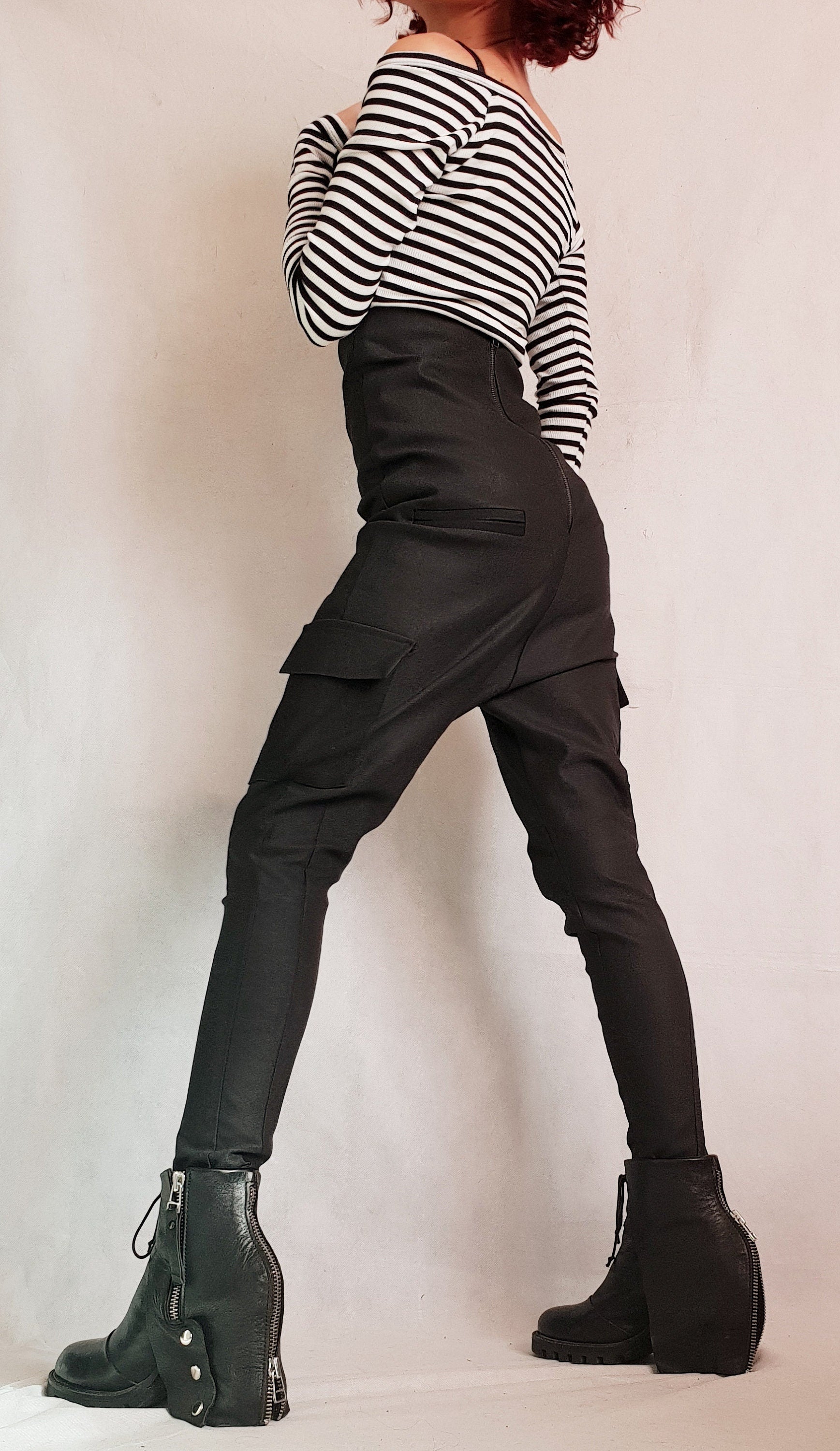 Extravagant Women Skinny Pants, Outer Pockets Pants, Women High Waist Pants, Cyberpunk Trousers, Black Sexy Pants, Gothic Pants