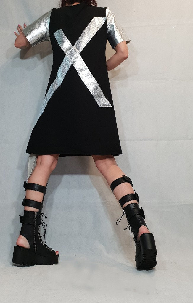 Asymmetric Dress, Avant Garde Tunic, Loose Tunic, Cotton Clothing, Gothic Tunic, Steampunk Tunic, Oversize Tunic, Black Silver Tunic Top