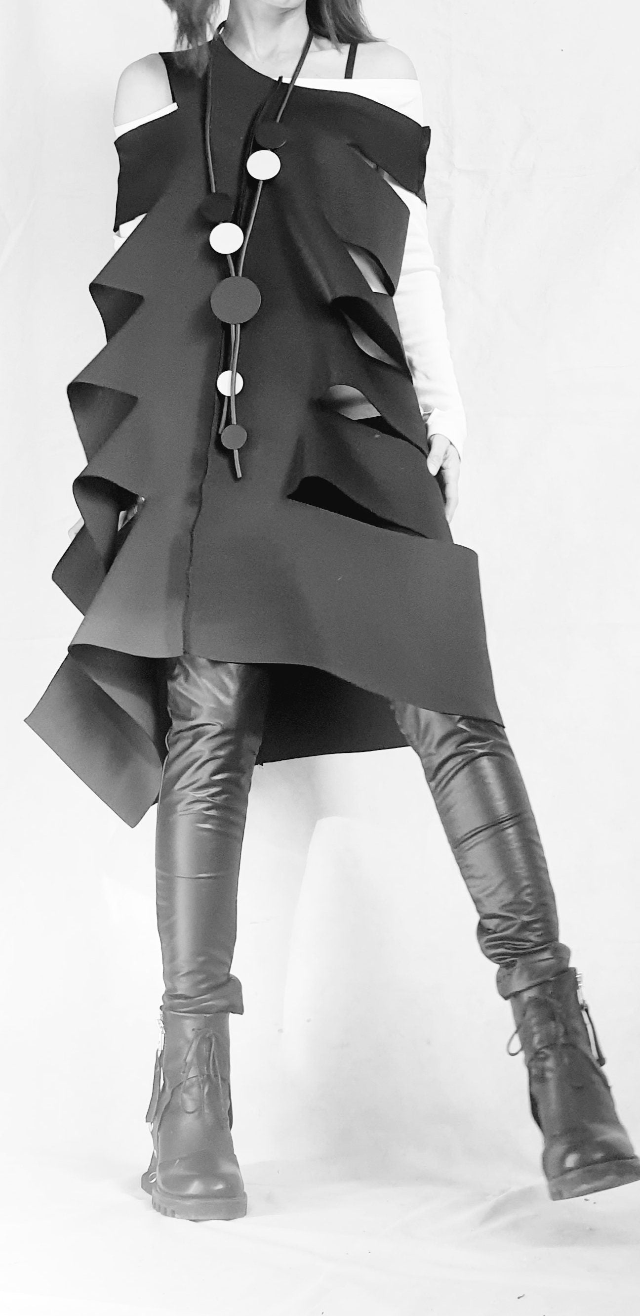 Asymmetric Neoprene Top, Extravagant Top, Deconstructed Top, Gothic Tunic, Side Cutouts, Black Top