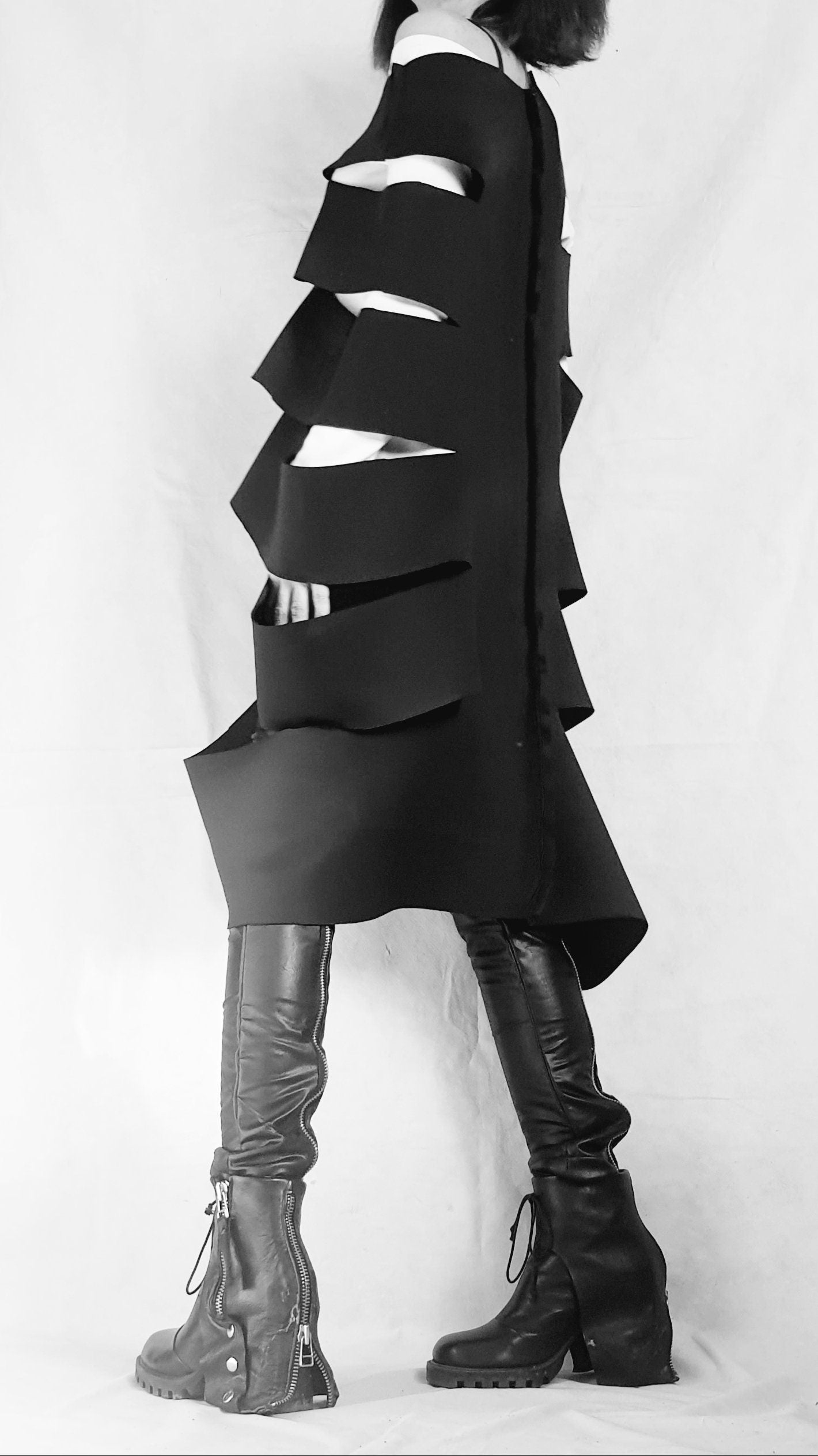 Asymmetric Neoprene Top, Extravagant Top, Deconstructed Top, Gothic Tunic, Side Cutouts, Black Top