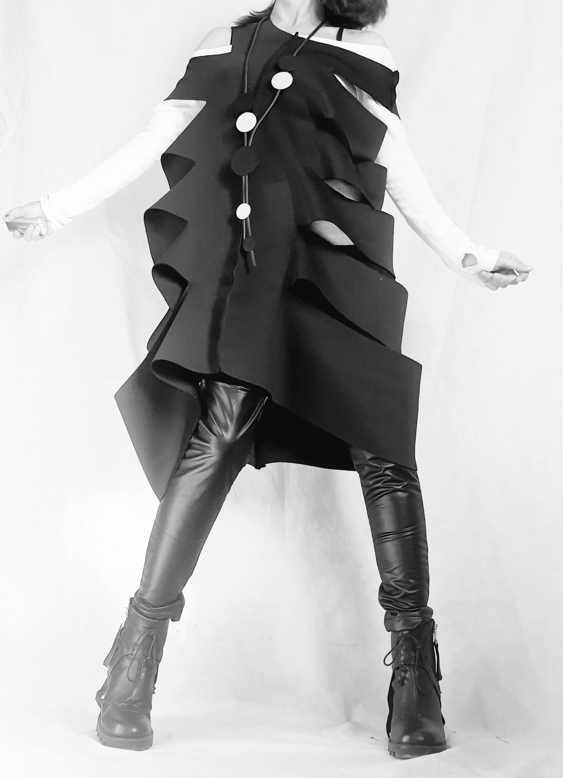Asymmetric Neoprene Top, Extravagant Top, Deconstructed Top, Gothic Tunic, Side Cutouts, Black Top